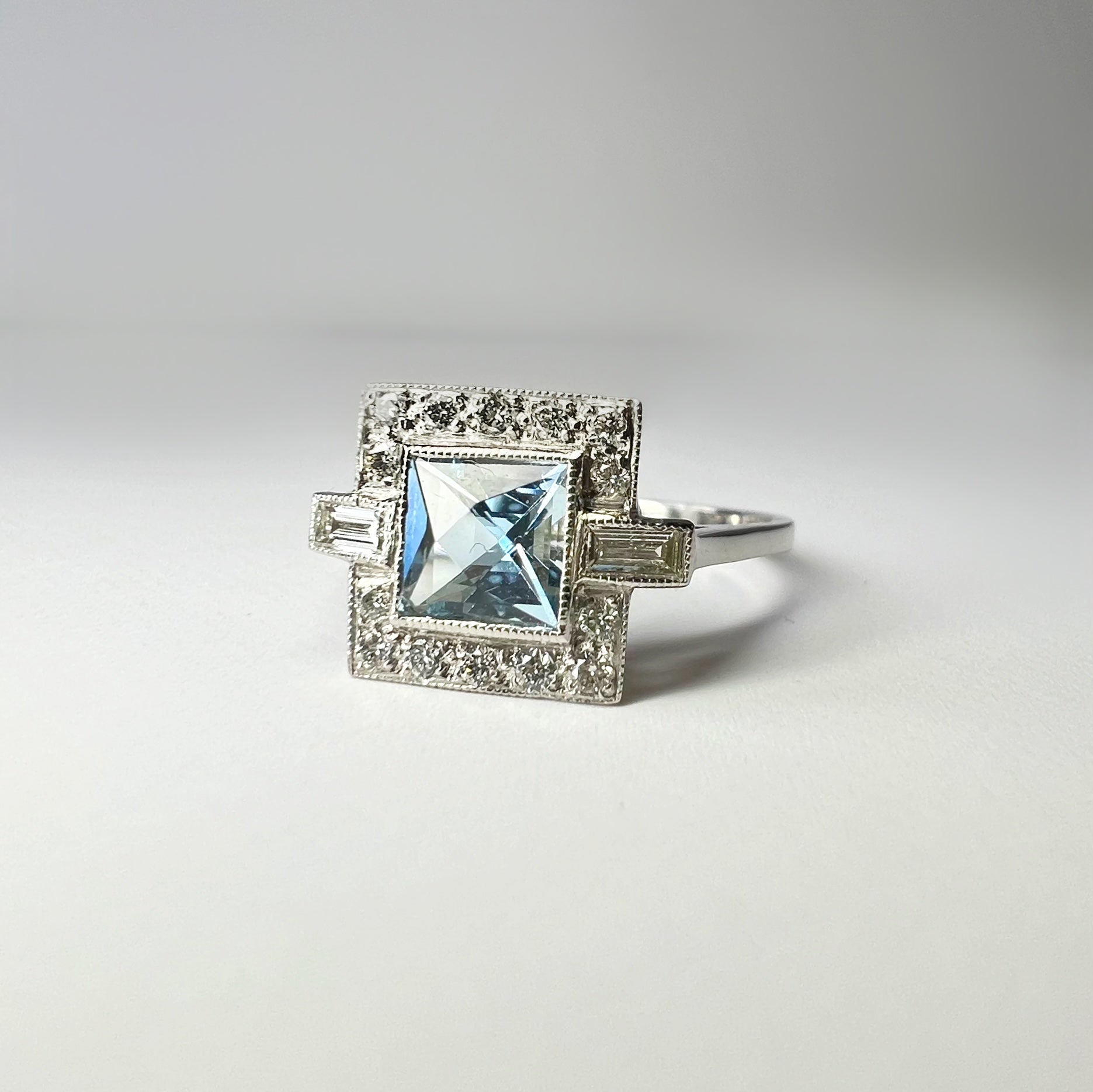 Aquamarine and Diamond Square Cut Art Deco Style Ring