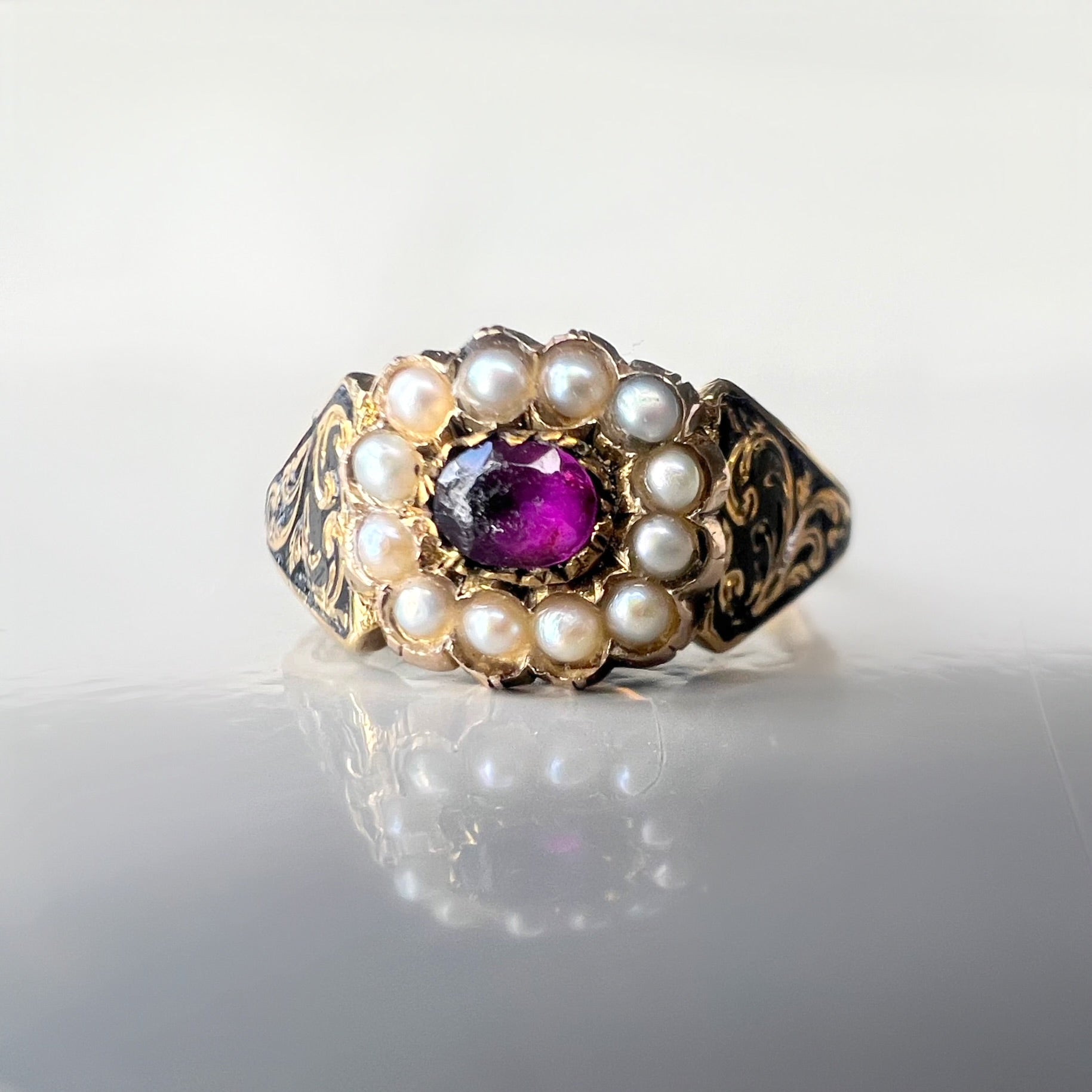 Antique Victorian Amethyst and Pearl Mourning Ring