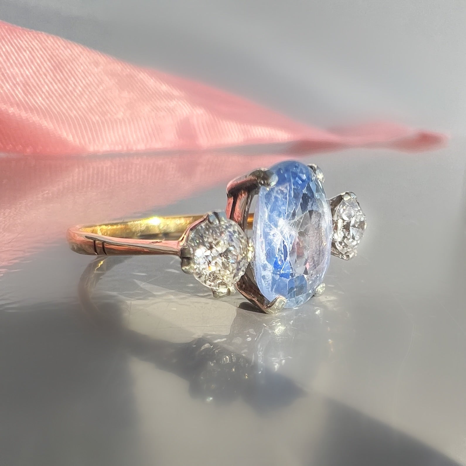 Vintage Pale Blue 1.80ct Sapphire and Diamond Trilogy Ring