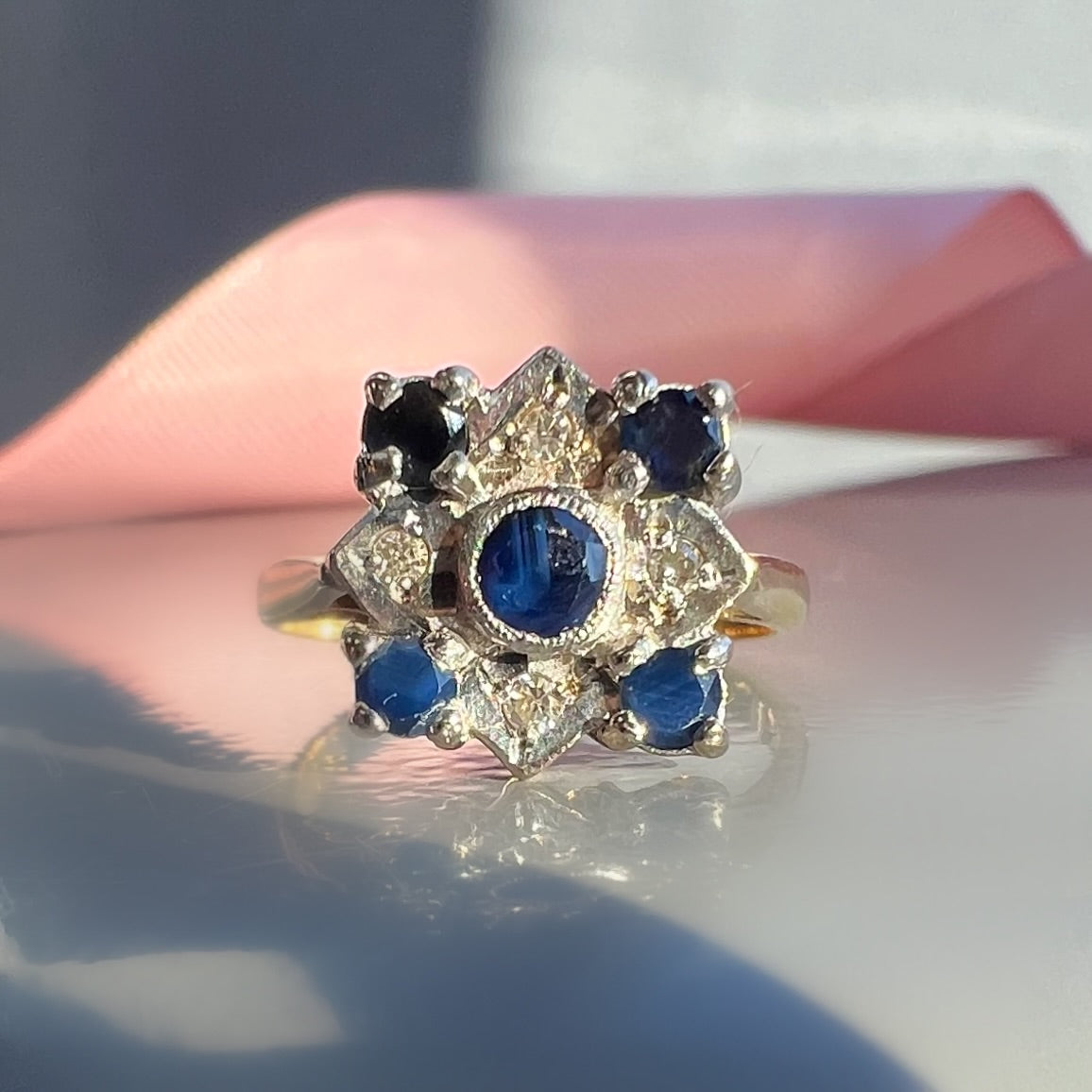 Vintage Sapphire and Diamond Square Shaped Cluster Ring