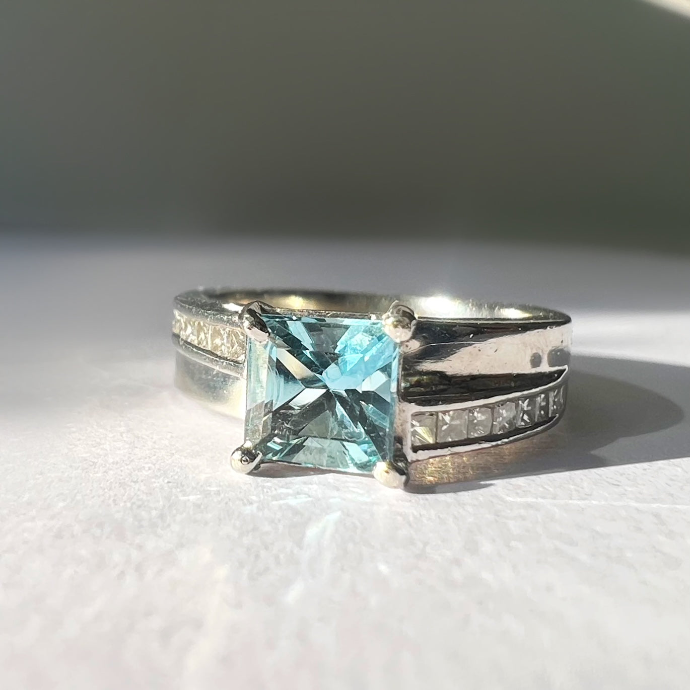Aquamarine and Diamond Square Cut Ring