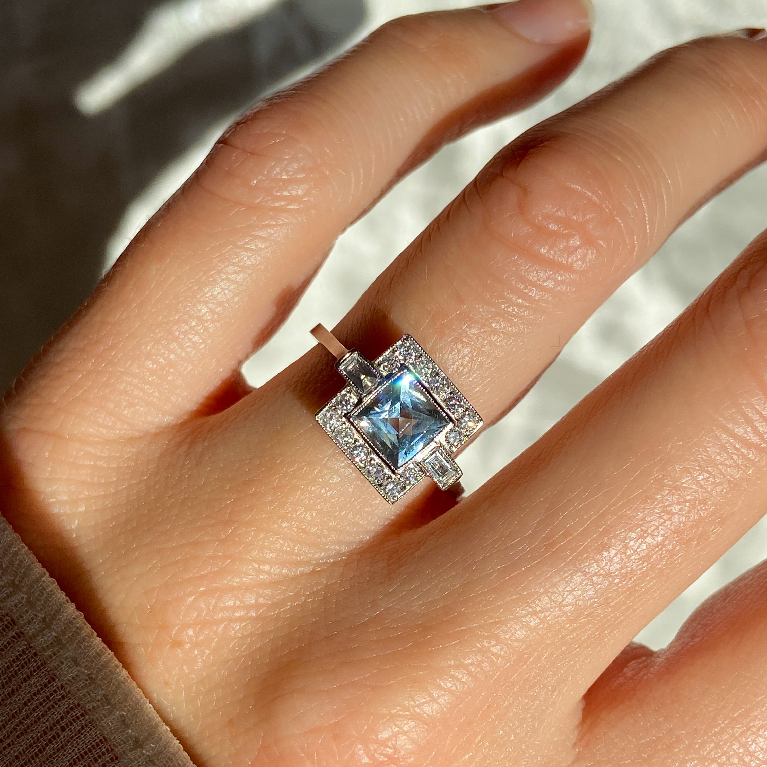 Aquamarine and Diamond Square Cut Art Deco Style Ring