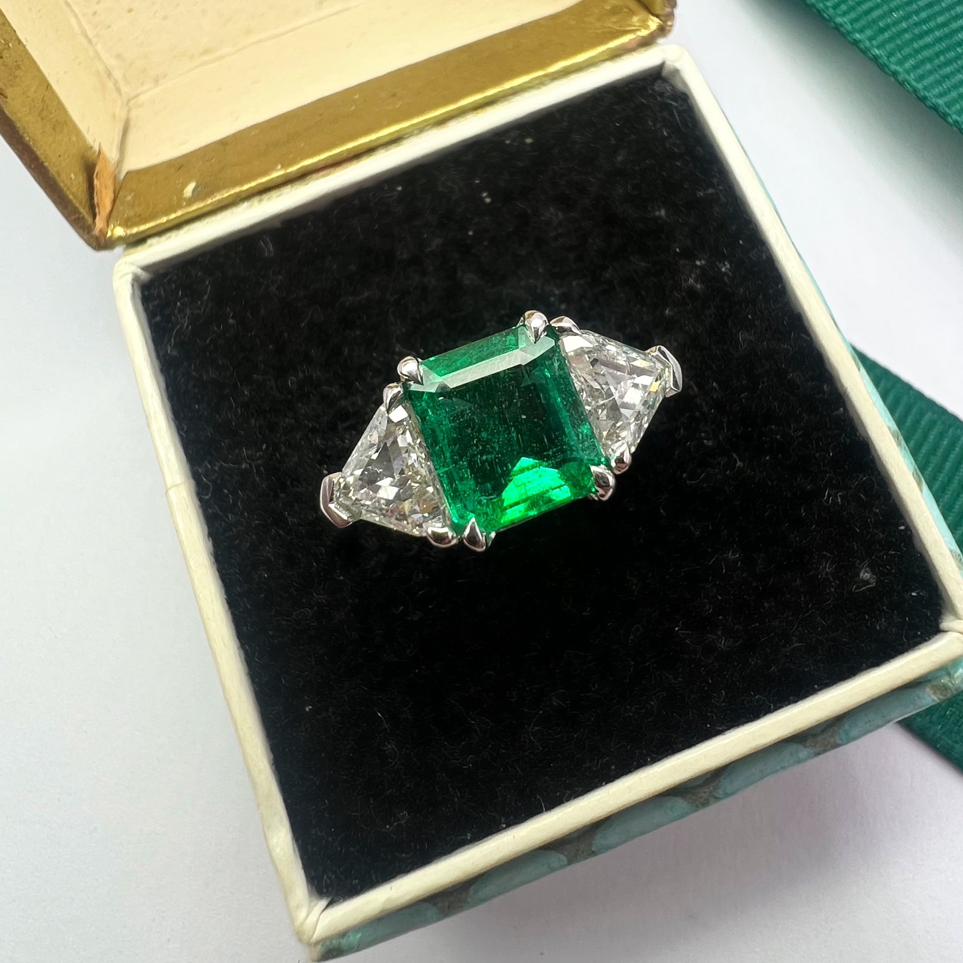 Emerald and Diamond Trillion Cut Three Stone Ring