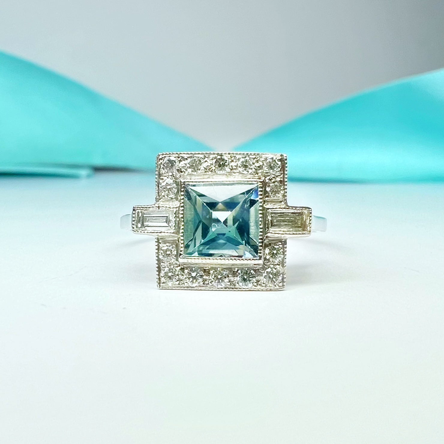 Aquamarine and Diamond Square Cut Art Deco Style Ring