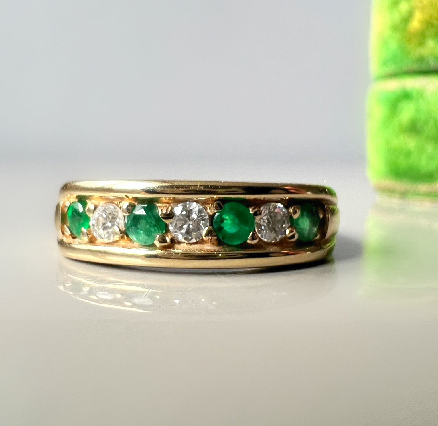Emerald and Diamond Vintage Gold Band