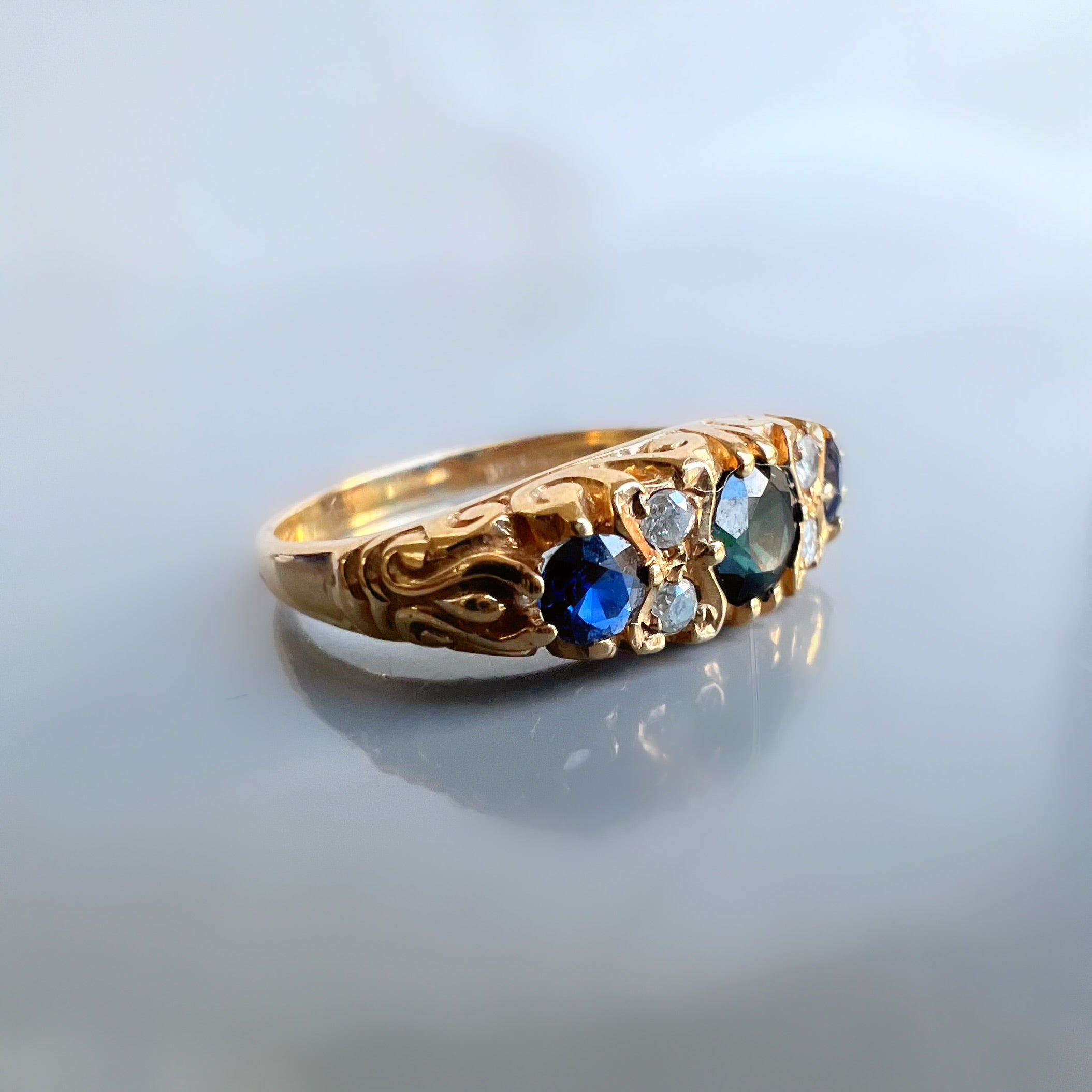 Vintage 3 Sapphire 9ct Gold Half Hoop Ring with Diamond Accents