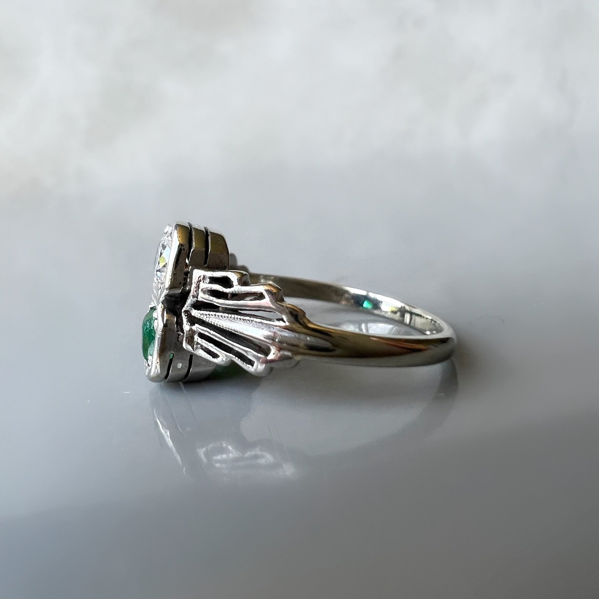 Art Deco Emerald and Diamond 2 Stone Ring