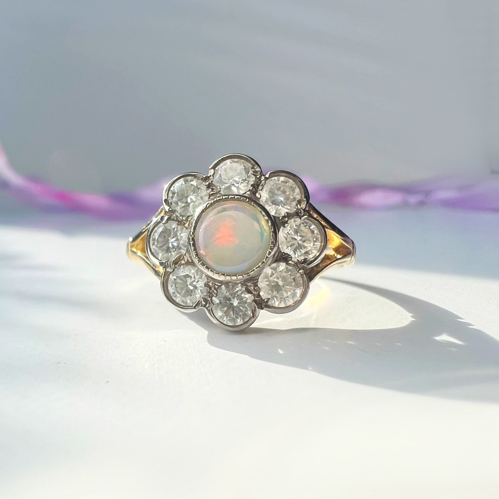 Opal and Diamond Daisy Cluster Ring