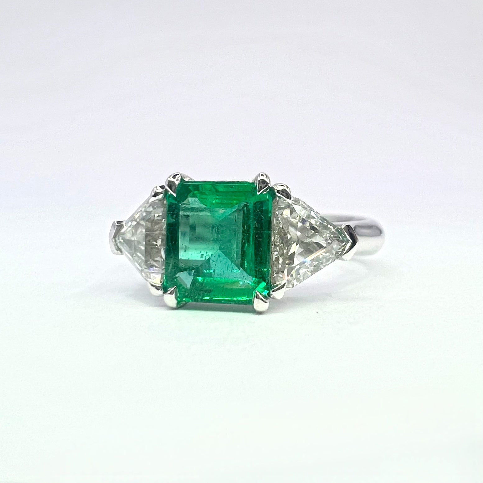 Emerald and Diamond Trillion Cut Three Stone Ring