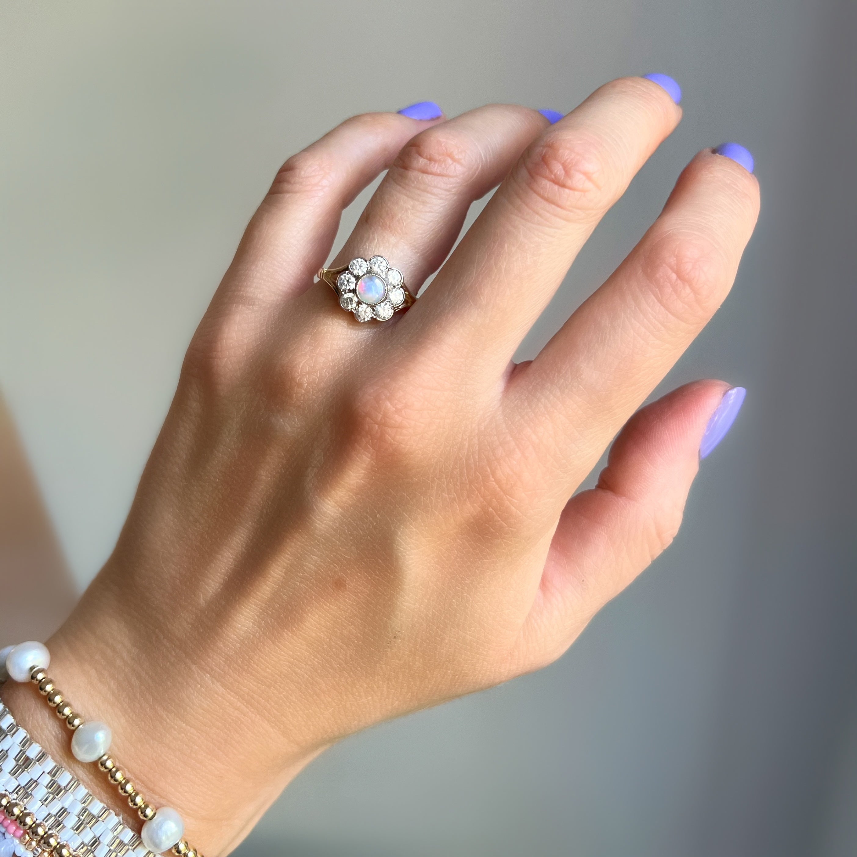 Opal and Diamond Daisy Cluster Ring