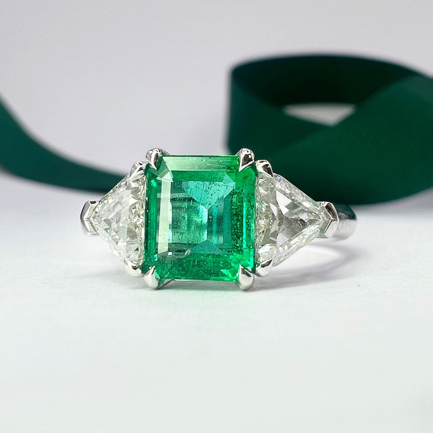 Emerald and Diamond Trillion Cut Three Stone Ring