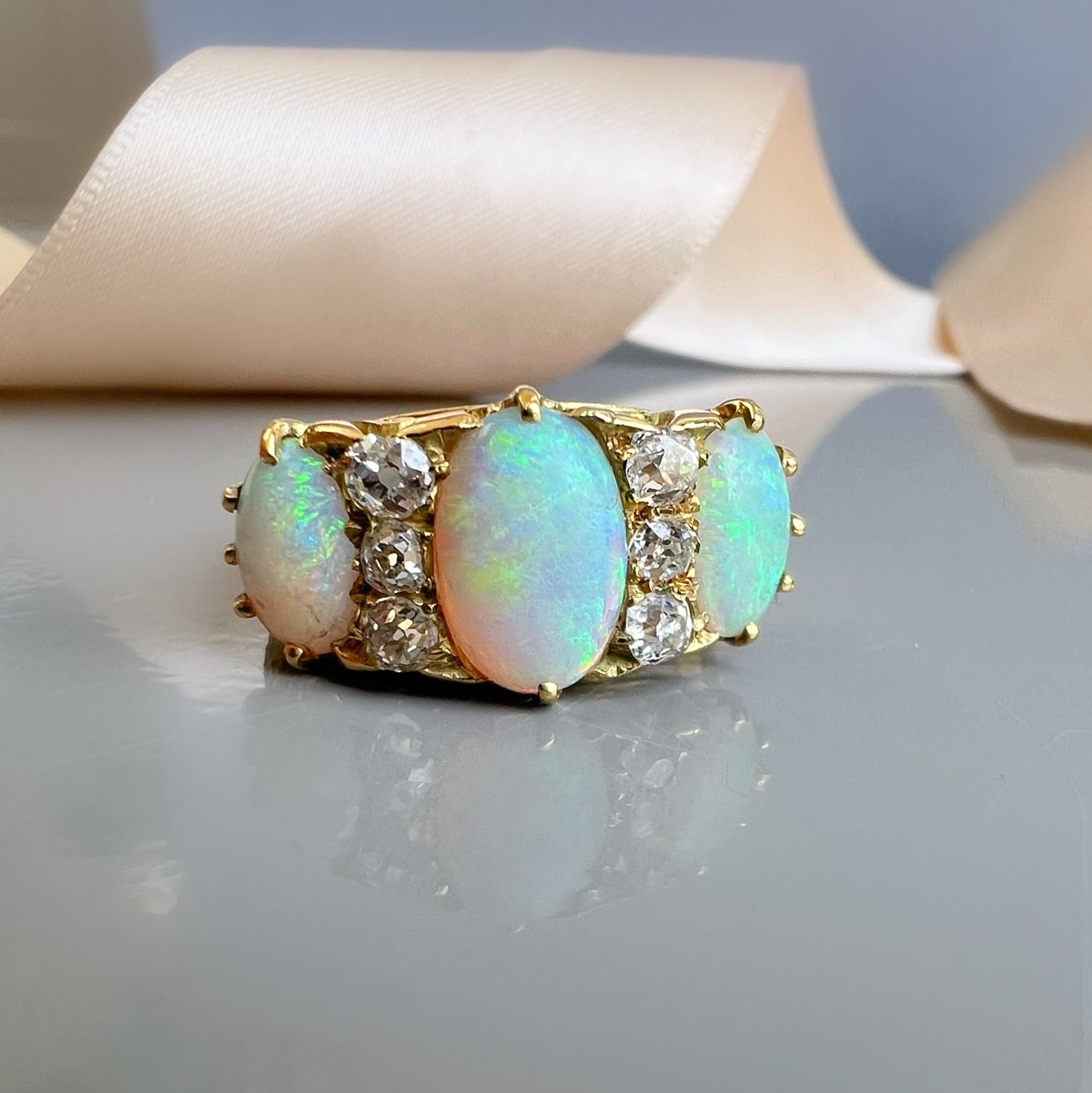 Opal and Diamond Half Hoop Ring
