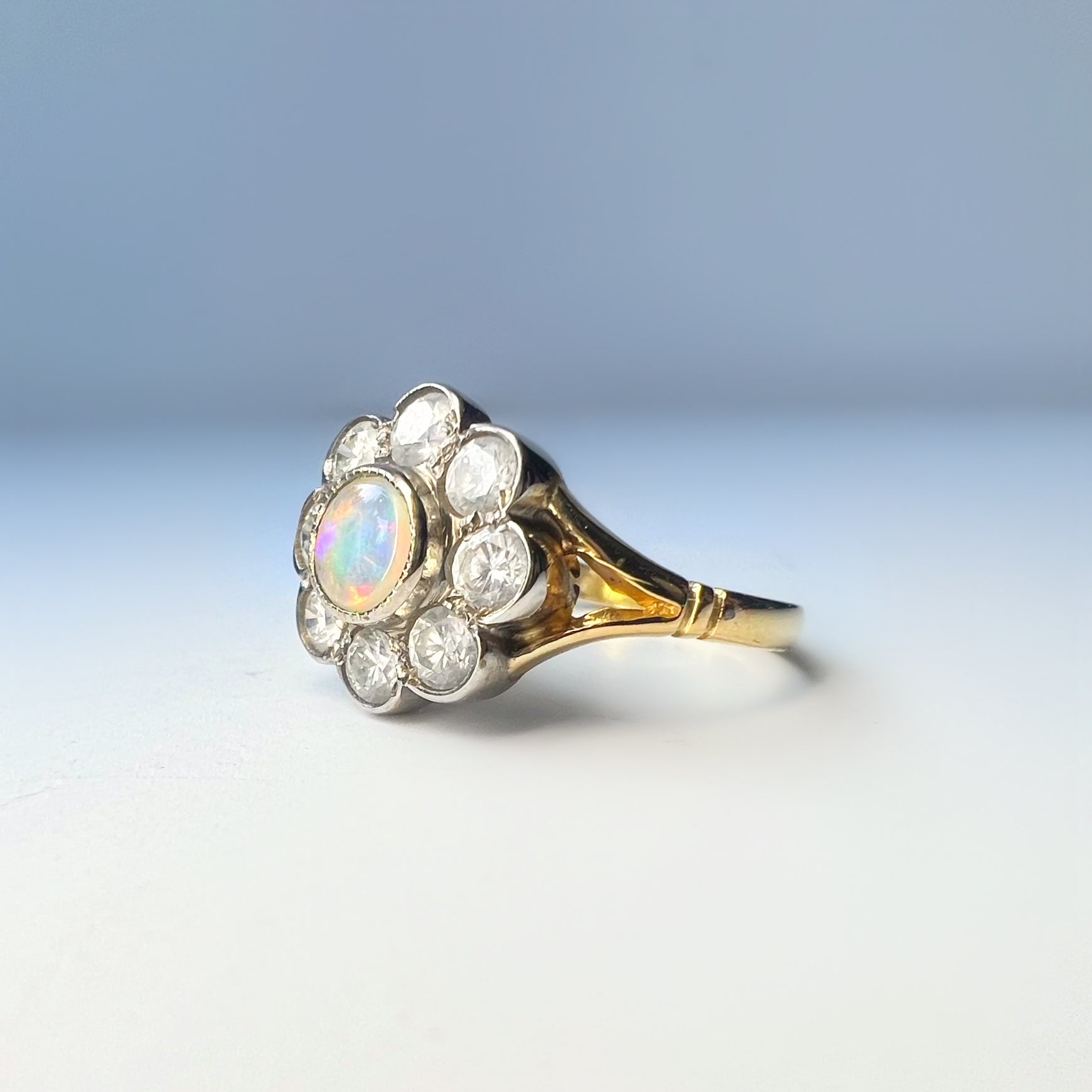 Opal and Diamond Daisy Cluster Ring