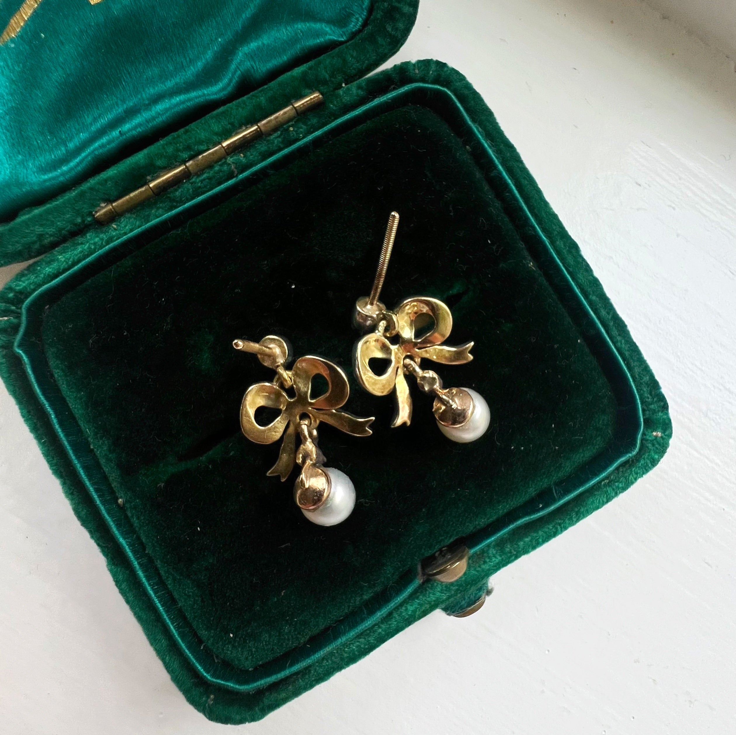 Antique Victorian Rose Cut Diamond and Pearl Bow Earrings