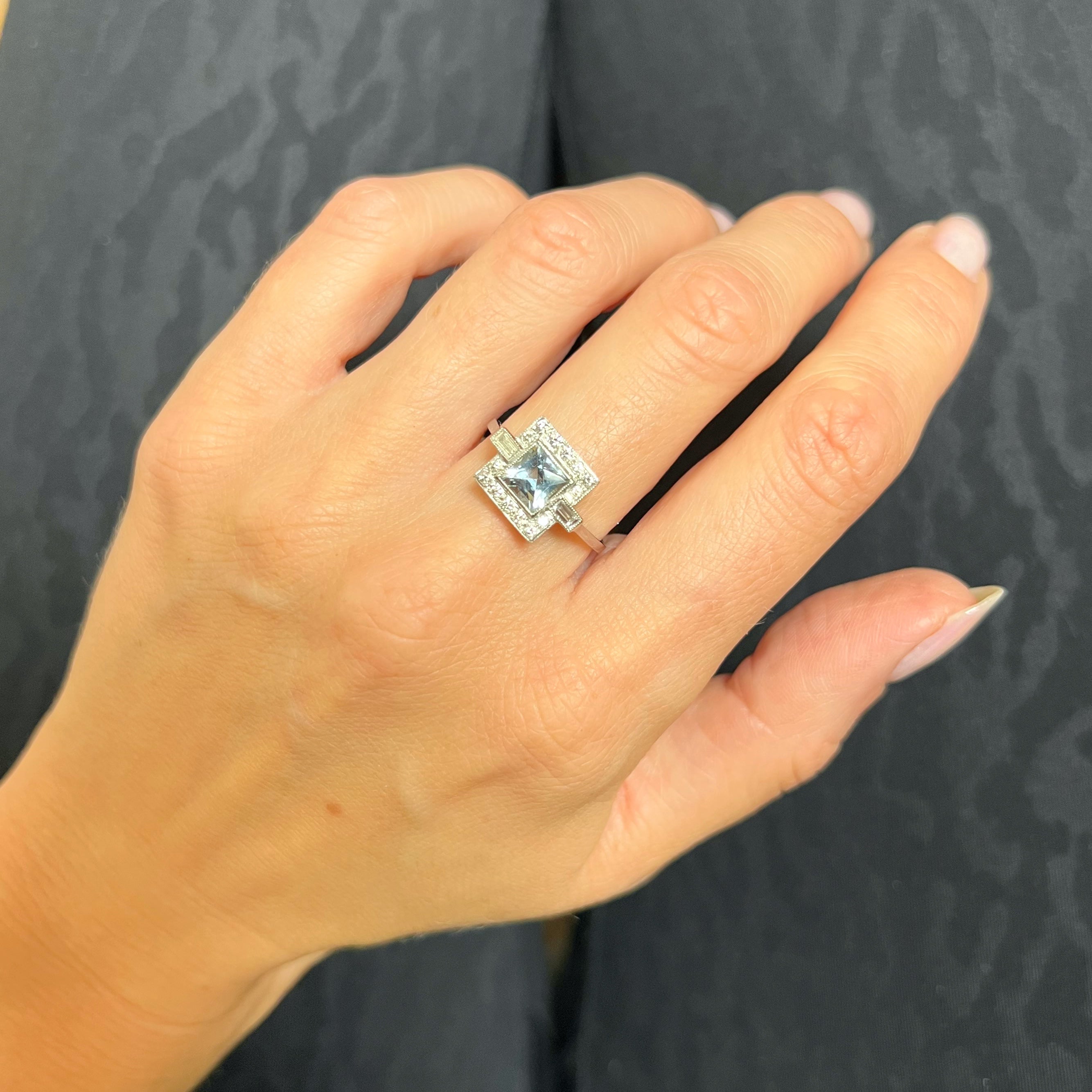 Aquamarine and Diamond Square Cut Art Deco Style Ring