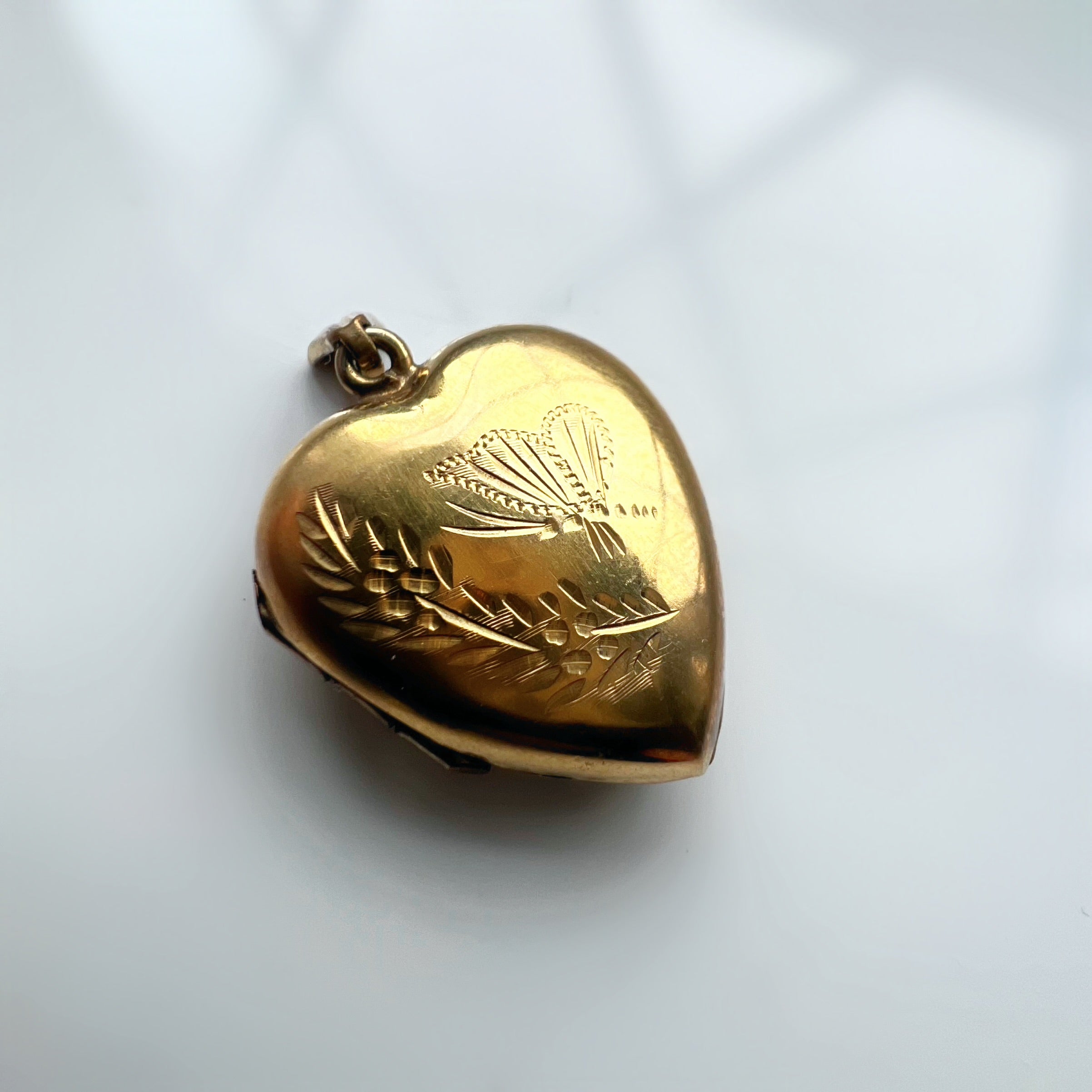 Medium Antique 9ct Gold Back and Front Heart Locket with Butterfly Etching