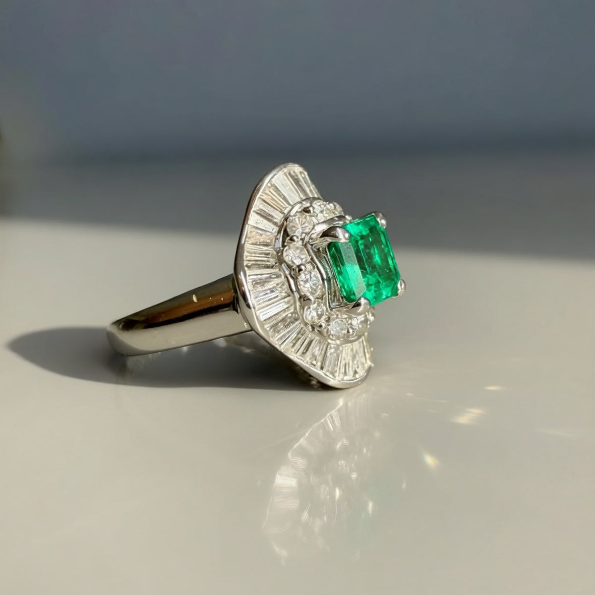 Vintage 0.73 Emerald and 1.09ct Diamond Ballerina Ring