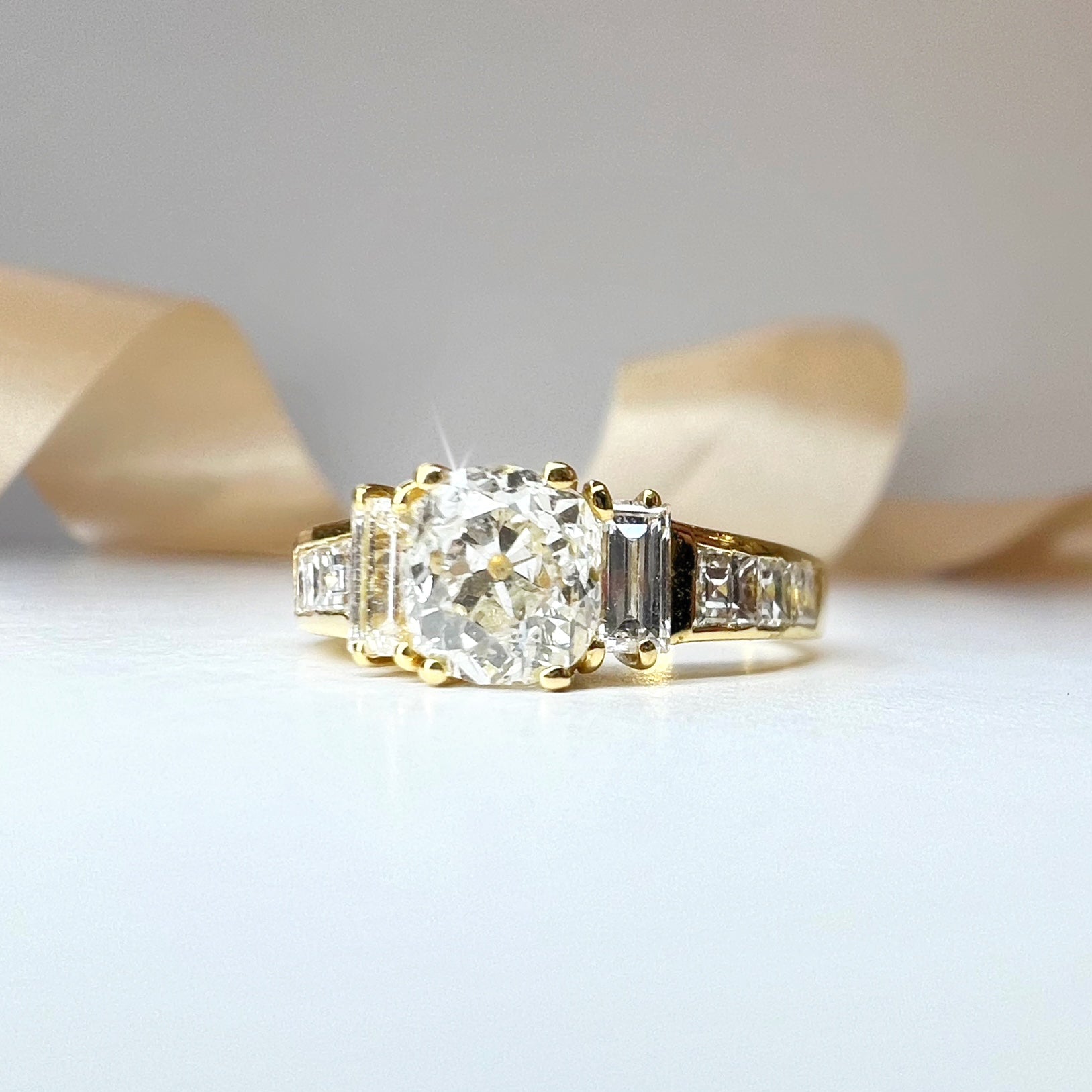 1.92ct Old Cut Diamond Ring with Diamond Baguette Shoulders