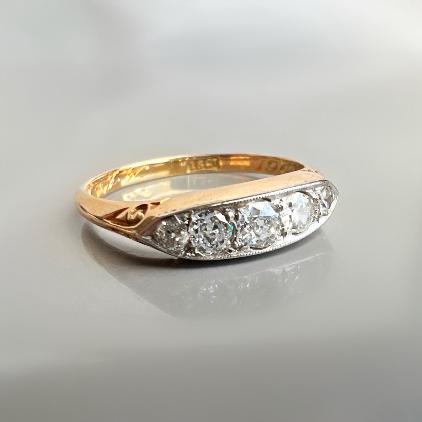Antique 18ct Gold 5 Stone Diamond Boat Ring with Engraving