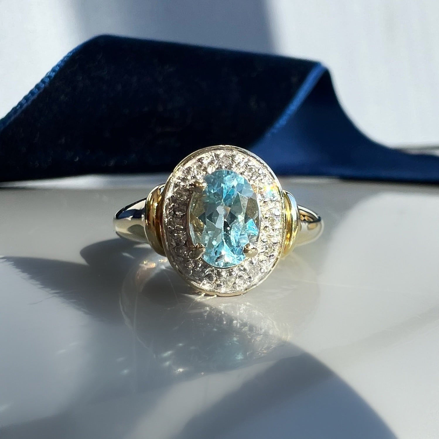 Vintage Blue Topaz and Diamond Halo 9ct Gold Ring
