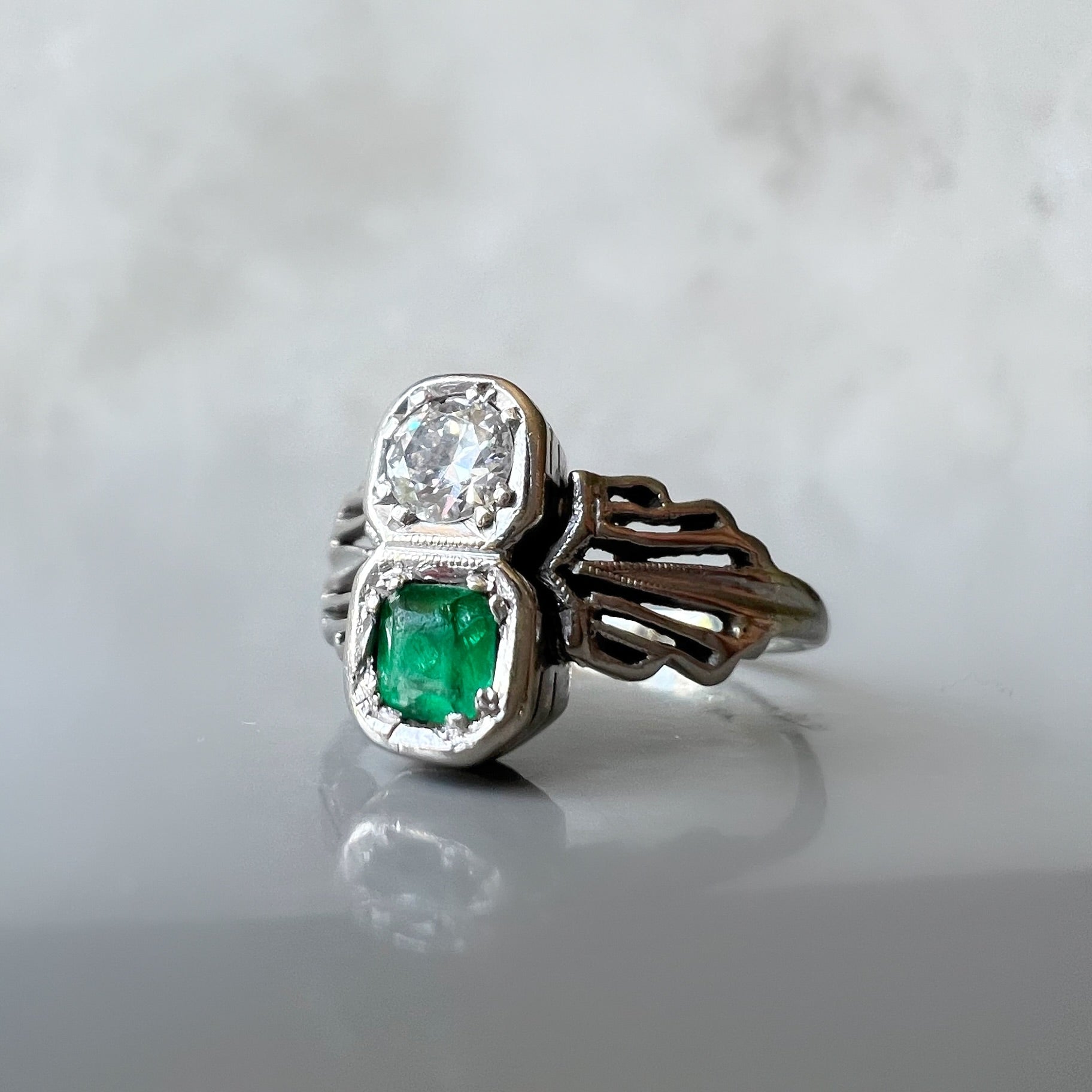 Art Deco Emerald and Diamond 2 Stone Ring