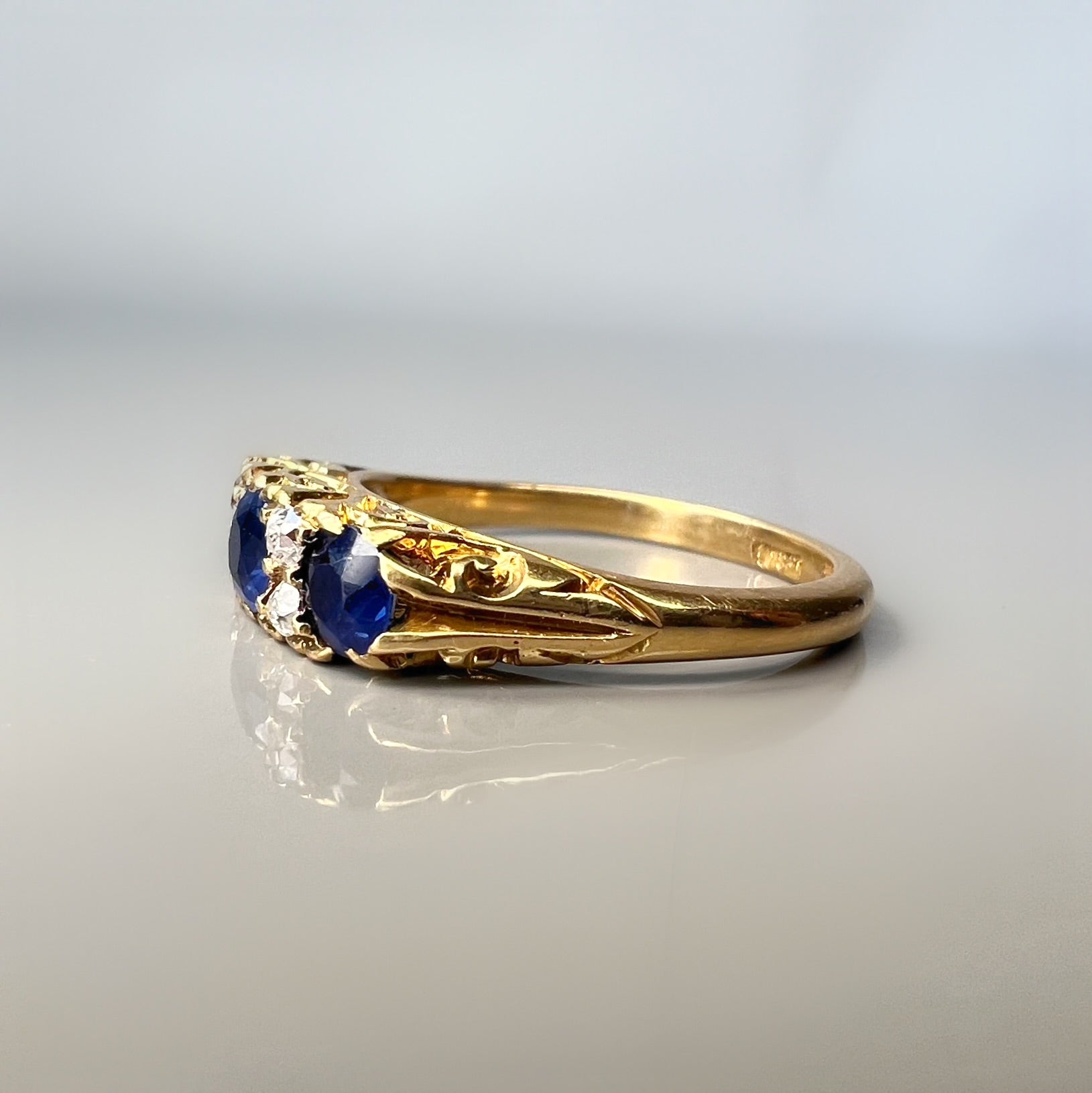Edwardian Sapphire and Diamond Half Hoop 18ct Gold Carved Ring