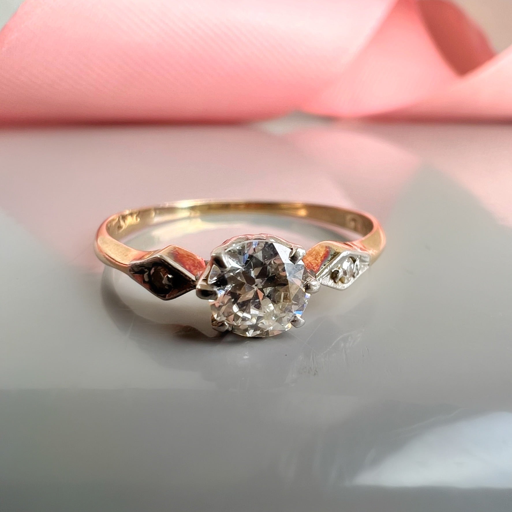Antique Old Cut Diamond Dainty Ring with Diamond Shoulder Detail
