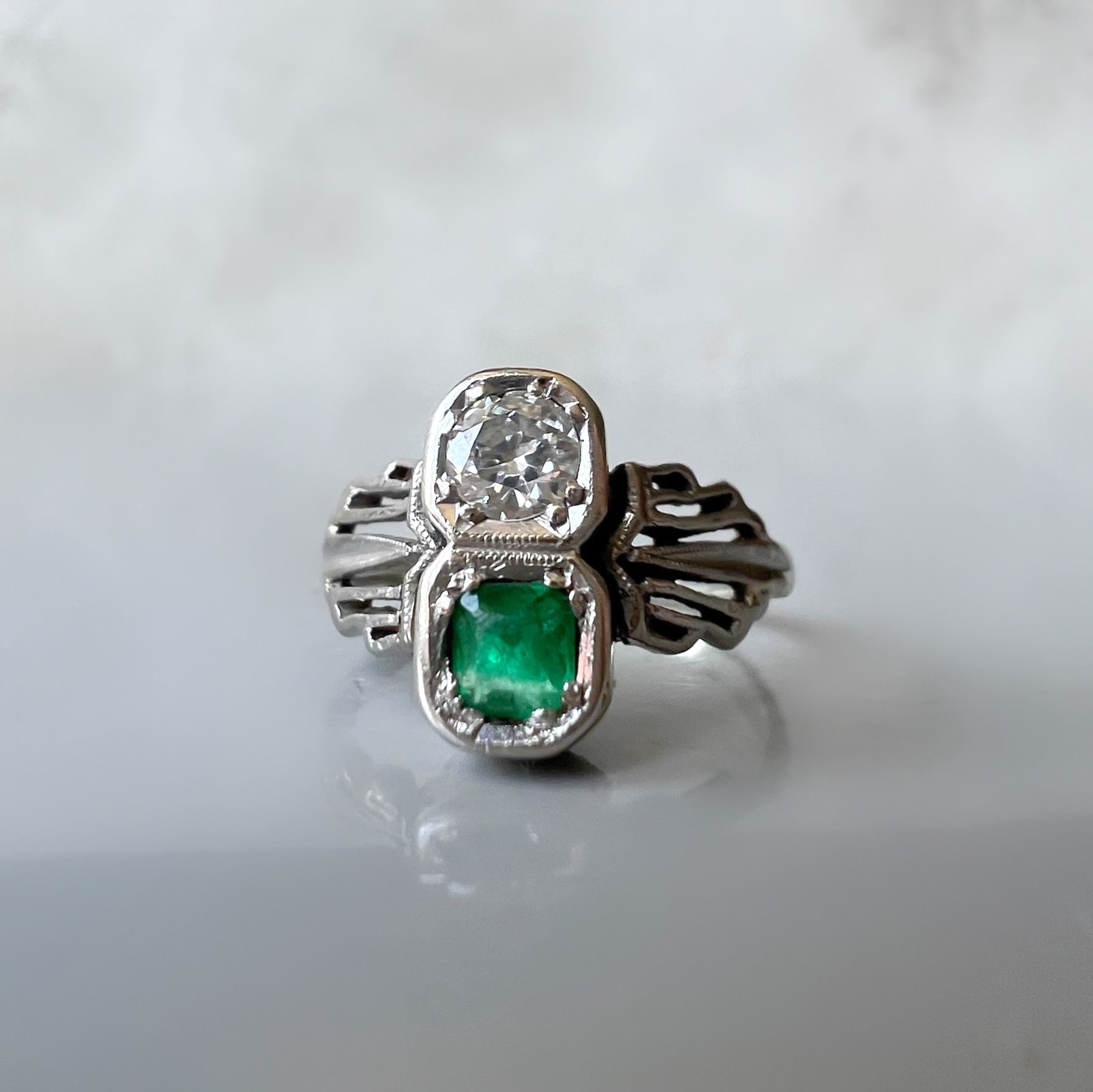 Art Deco Emerald and Diamond 2 Stone Ring