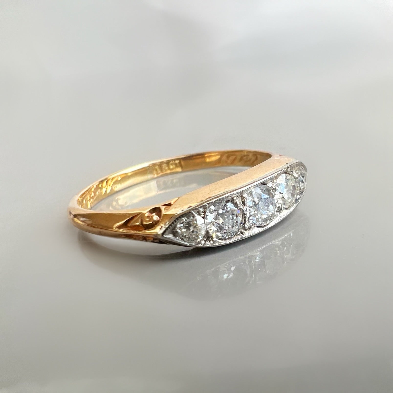 Antique 18ct Gold 5 Stone Diamond Boat Ring with Engraving