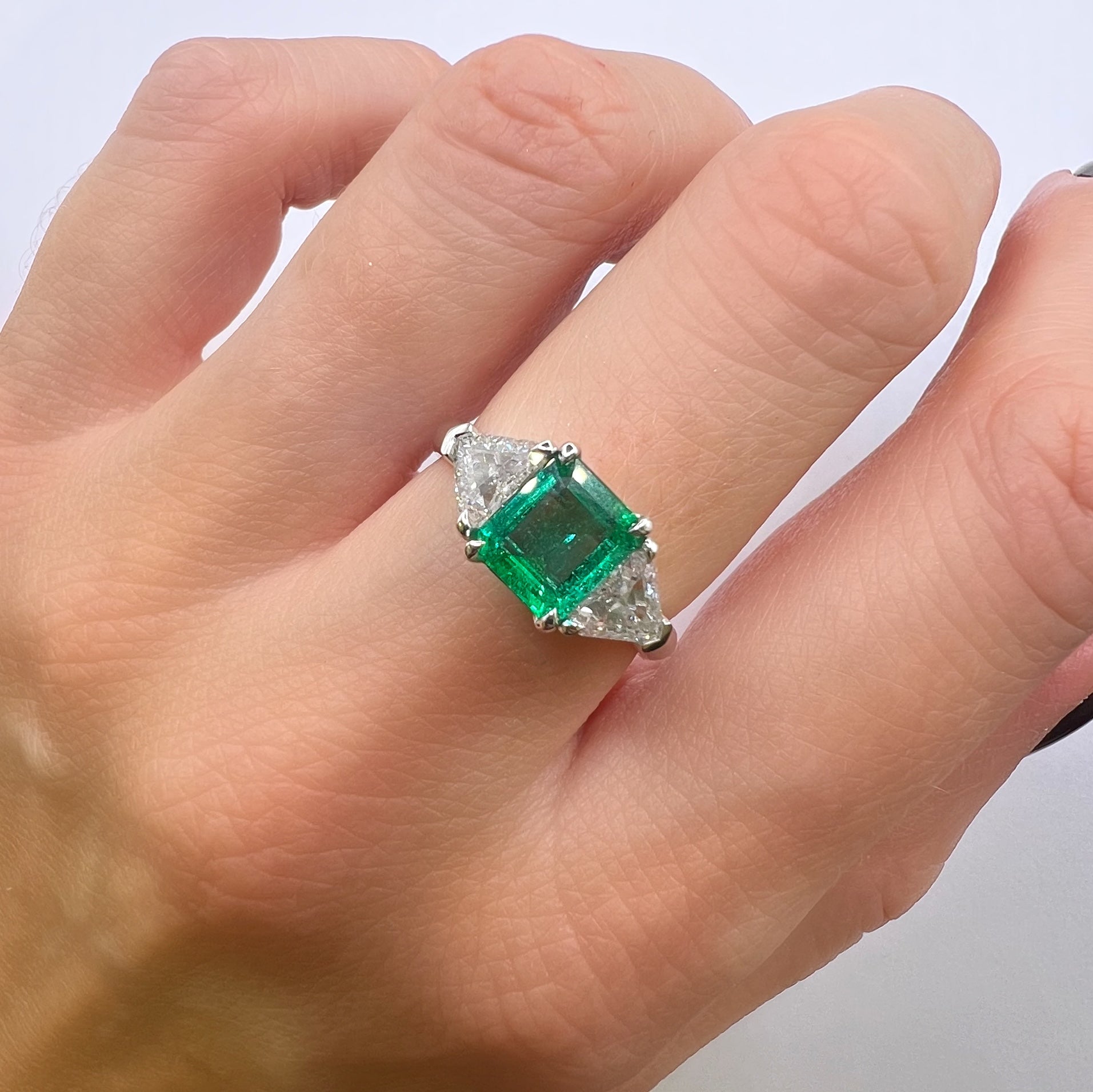 Emerald and Diamond Trillion Cut Three Stone Ring
