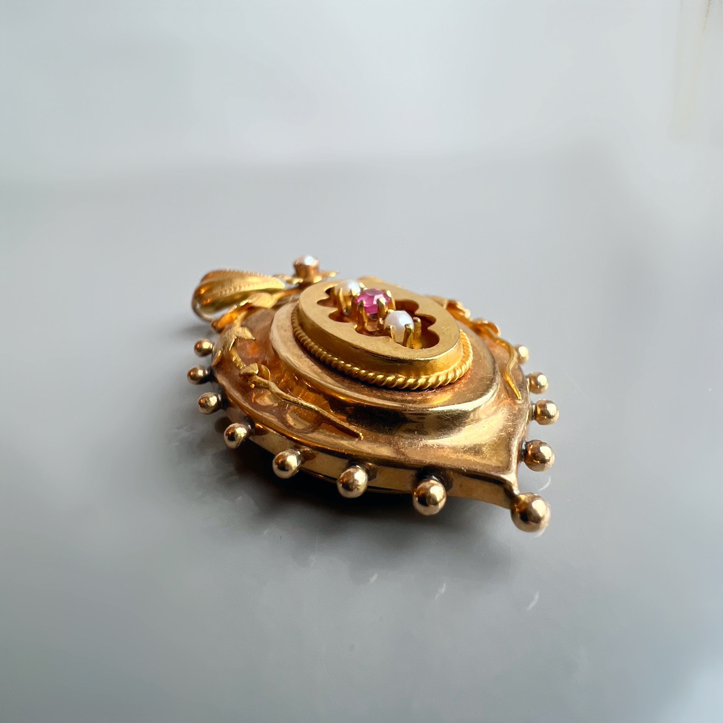 Antique Gold Locket with Ruby and Pearl Details