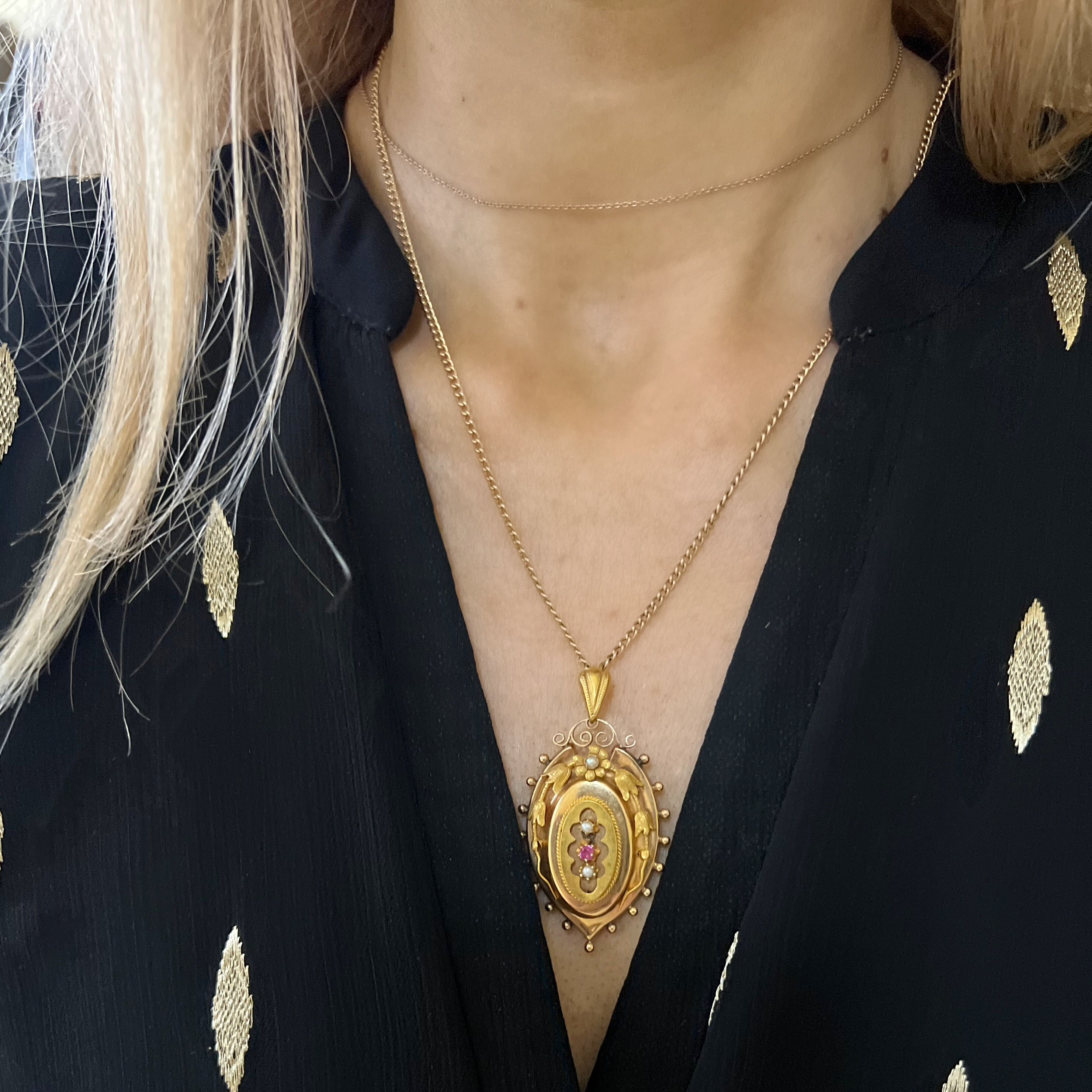 Antique Gold Locket with Ruby and Pearl Details