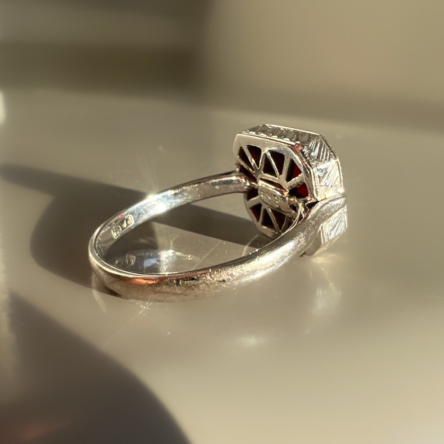 Vintage Ruby and Diamond Geometric Halo Ring in 18ct White Gold