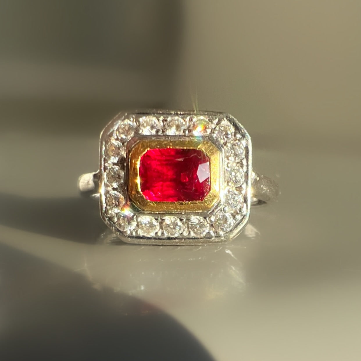 Vintage Ruby and Diamond Geometric Halo Ring in 18ct White Gold