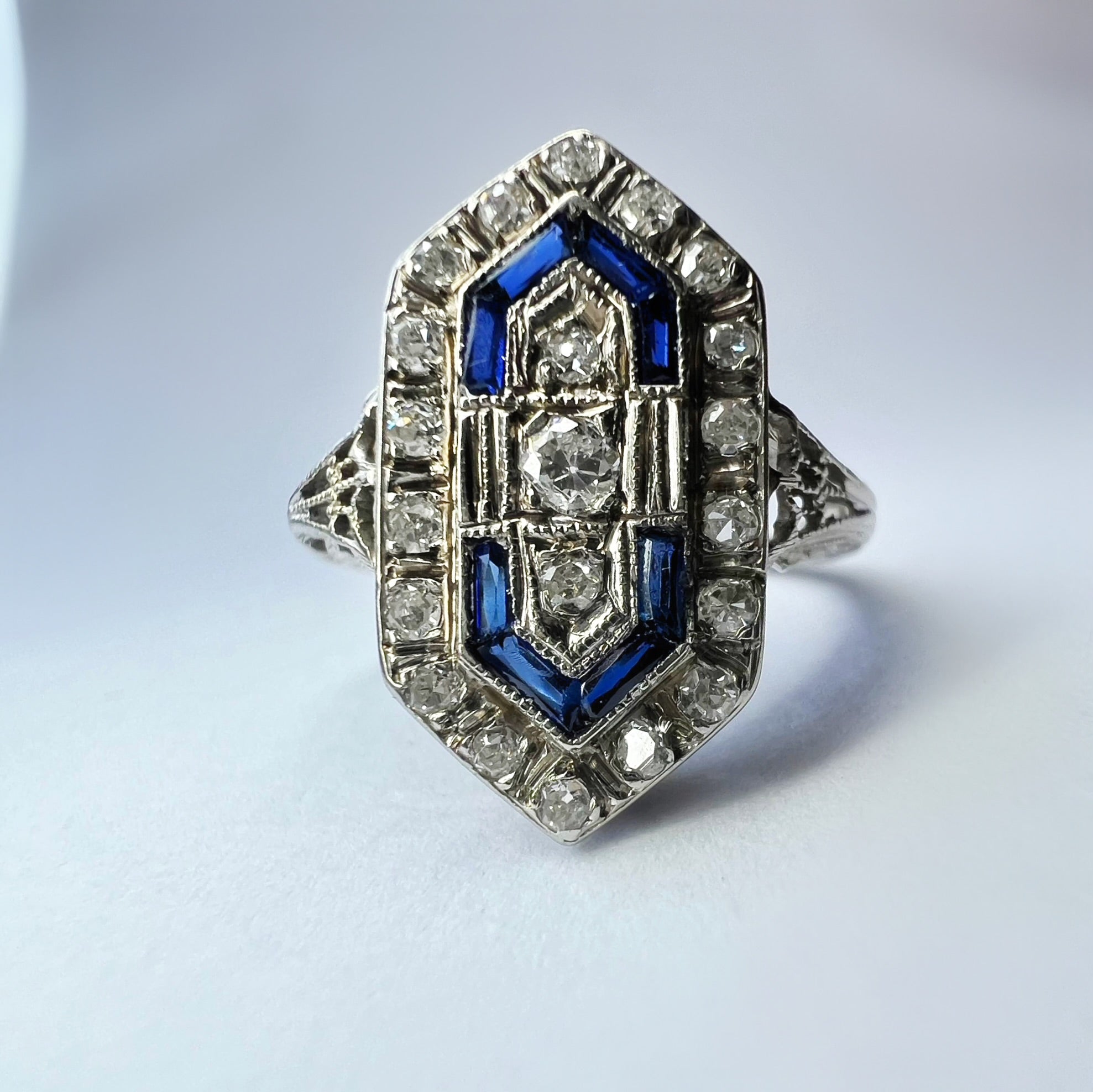 Antique Art Deco Sapphire and Diamond Panel Ring
