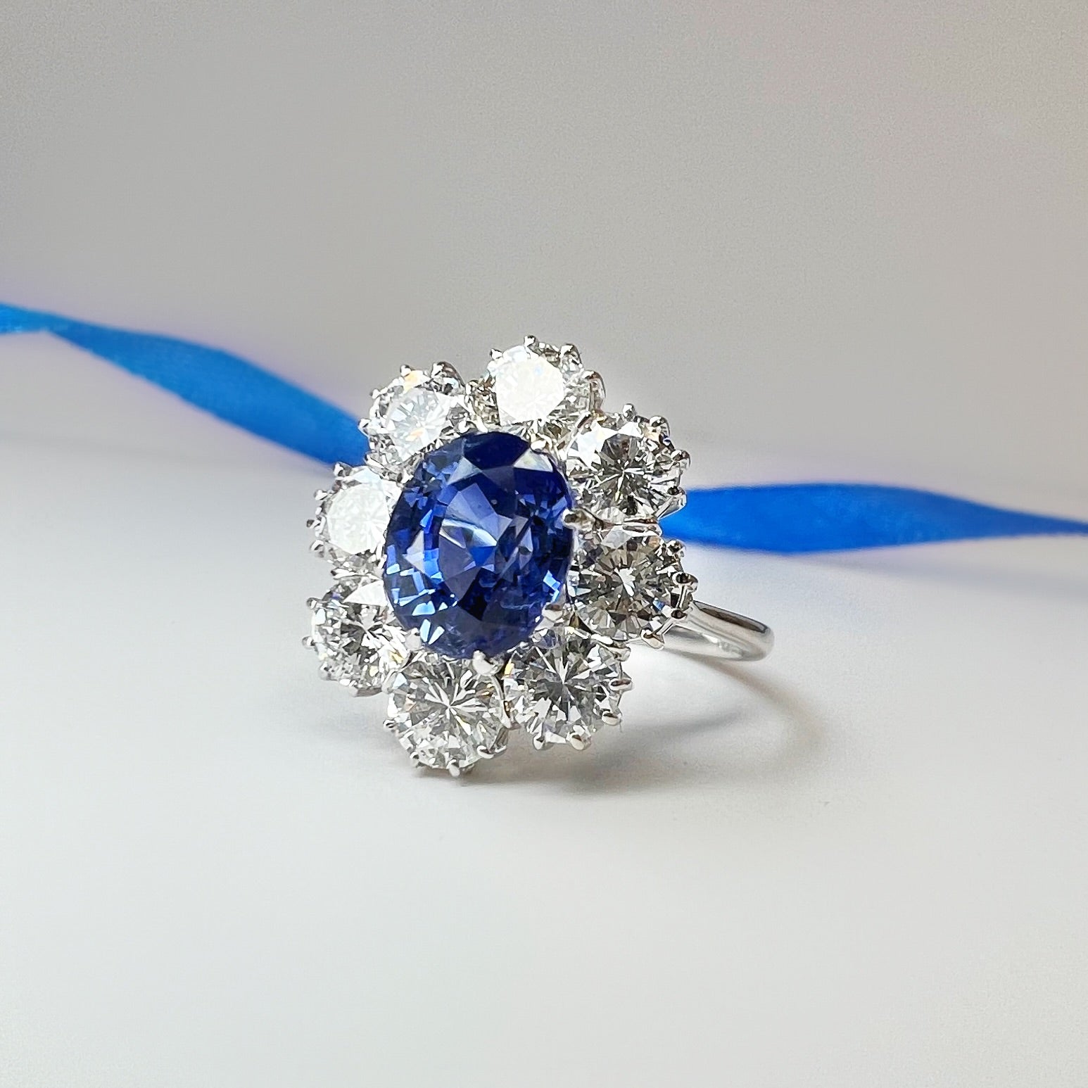 2.96ct Sapphire and 2.40ct Diamond Cluster Ring
