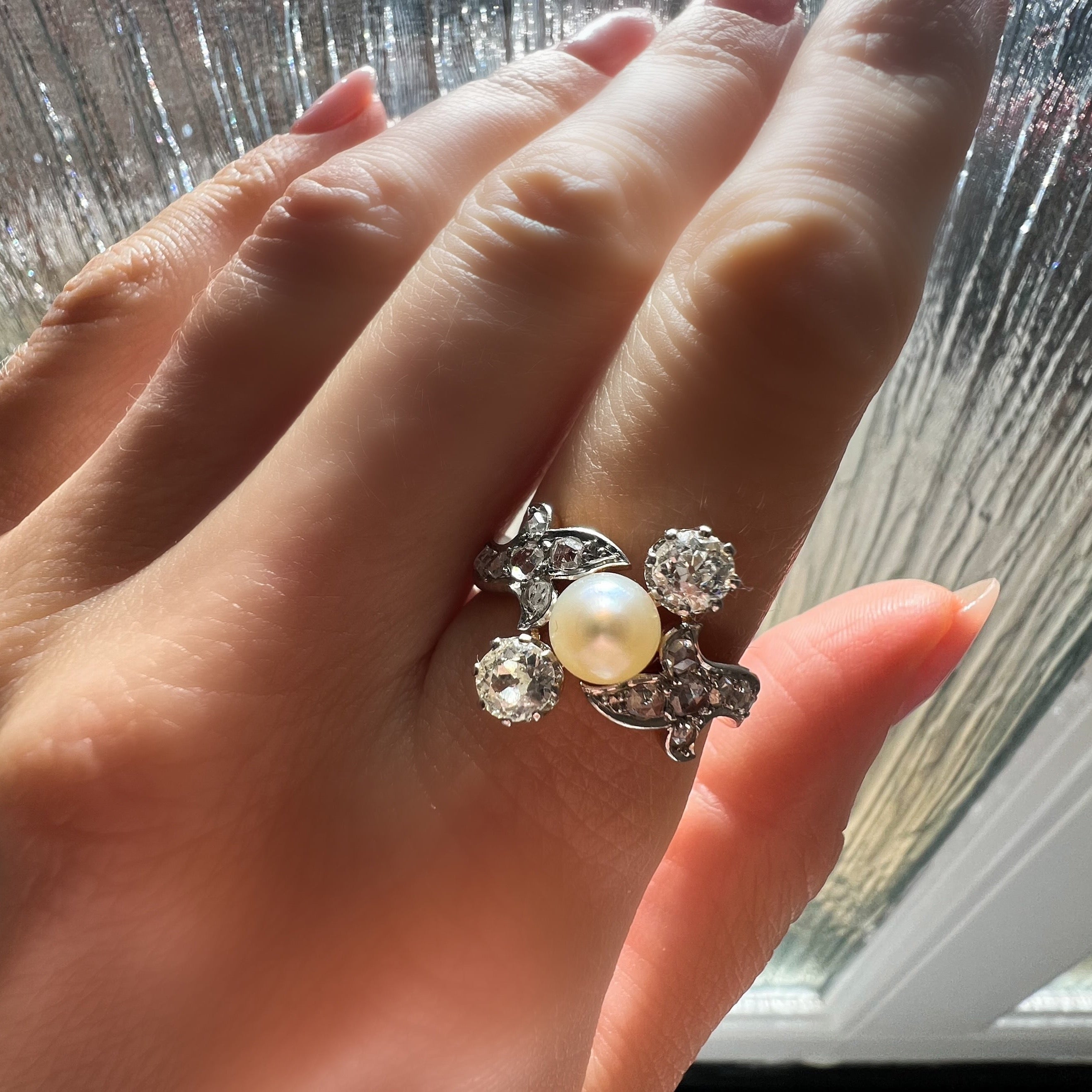 Antique Belle Époque Natural Pearl and Diamond Ring