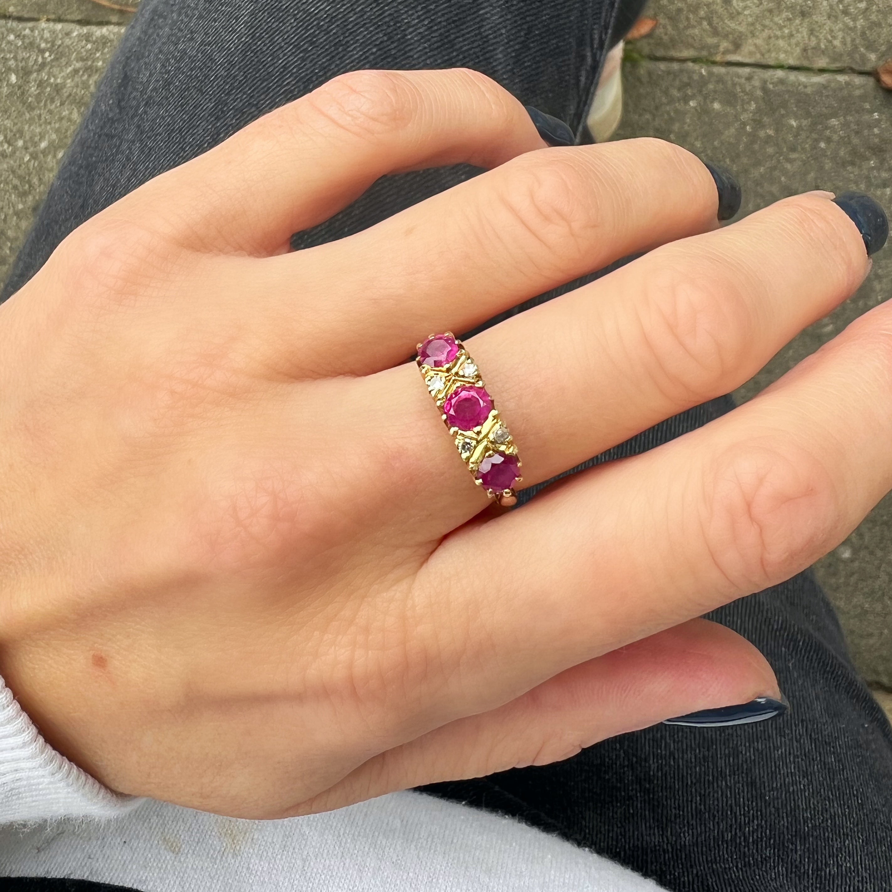 Vintage Ruby 3 Stone and Diamond Ring
