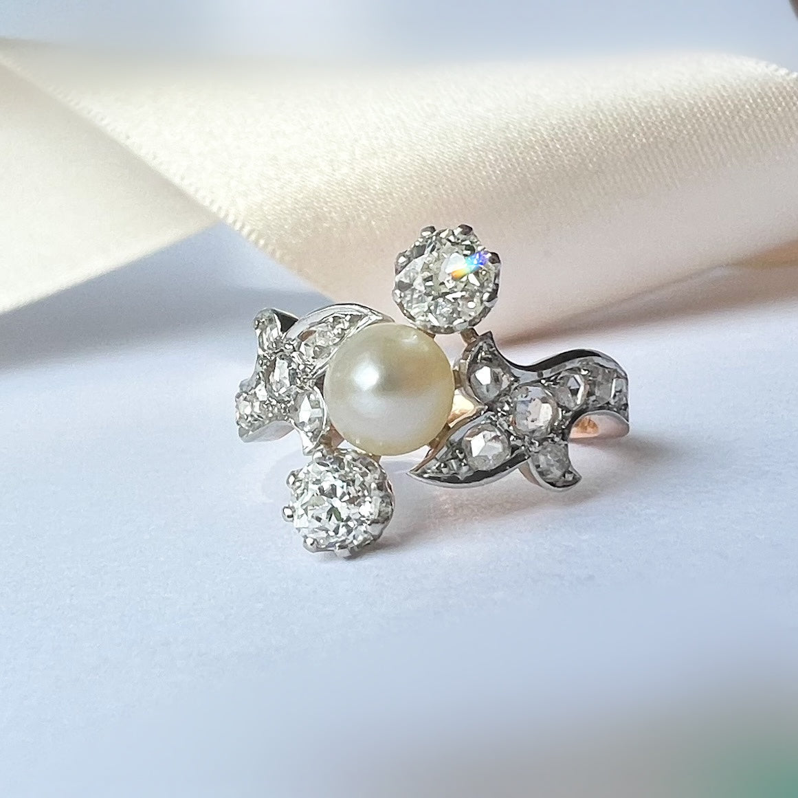 Antique Belle Époque Natural Pearl and Diamond Ring