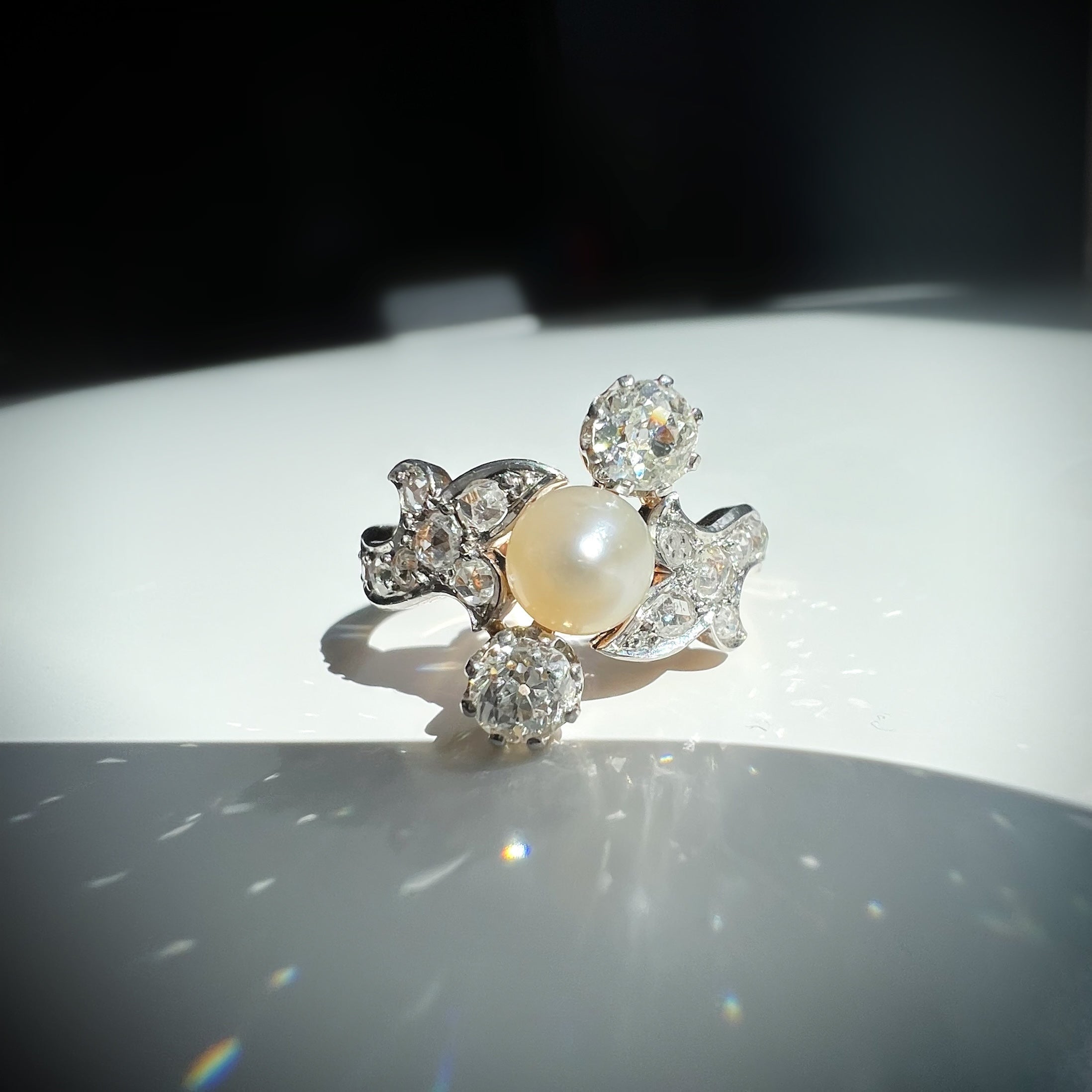 Antique Belle Époque Natural Pearl and Diamond Ring