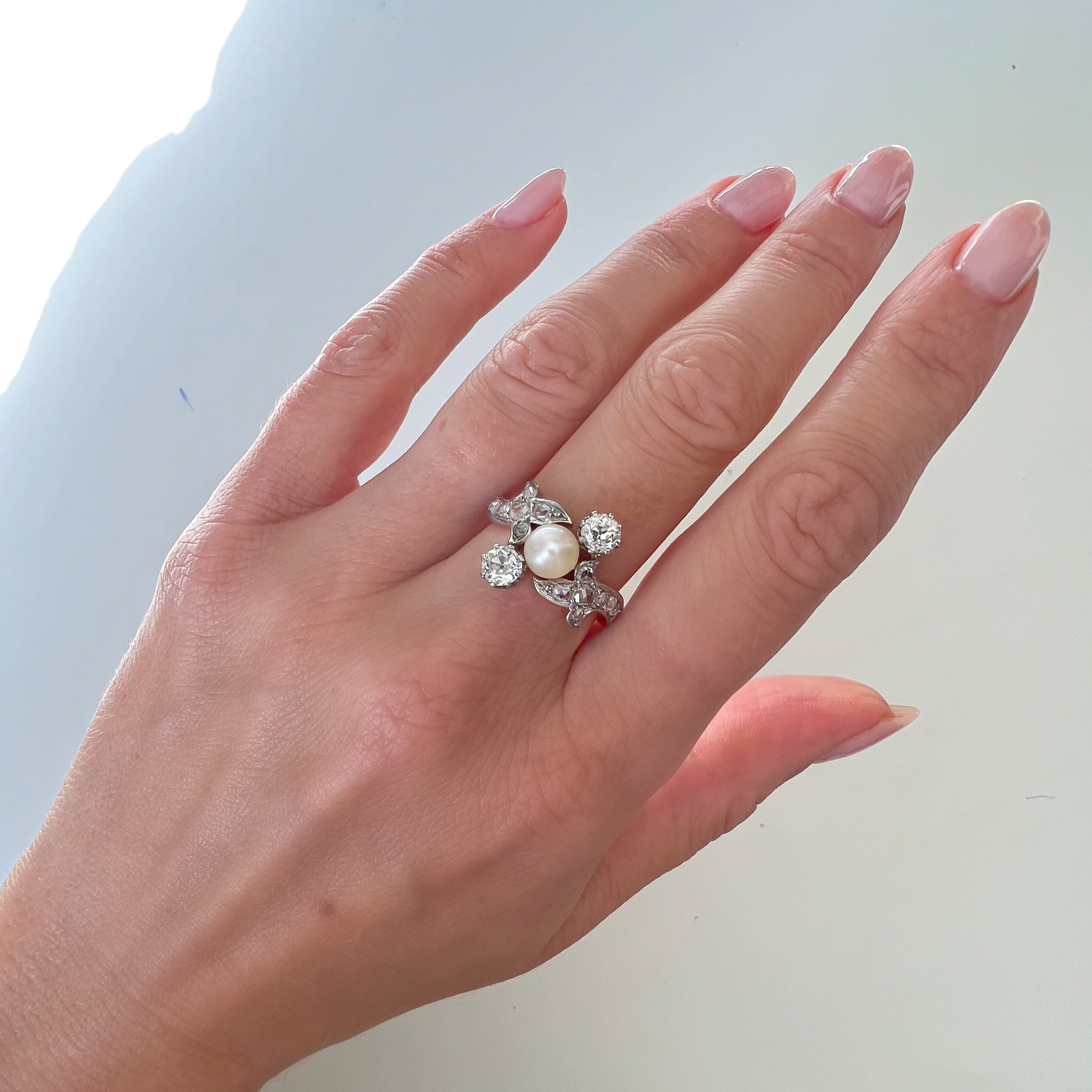 Antique Belle Époque Natural Pearl and Diamond Ring