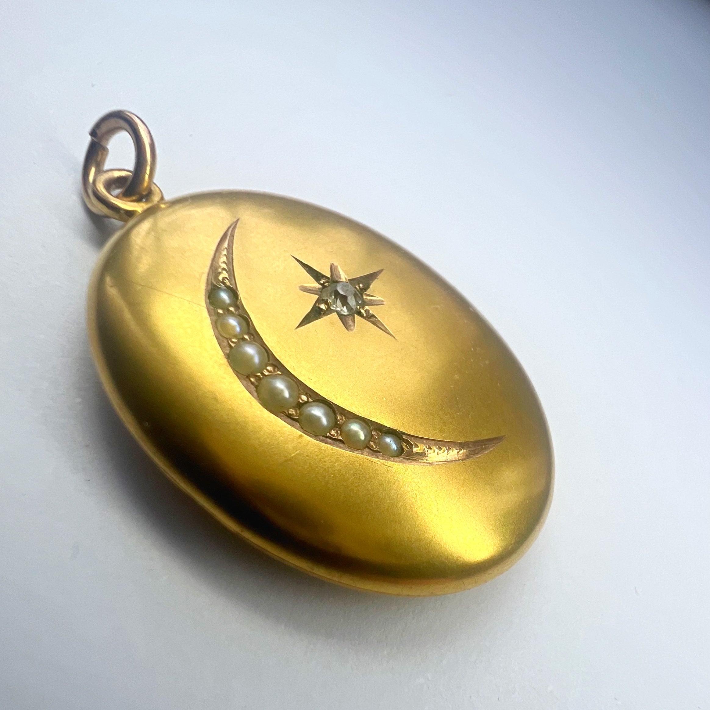 Antique Gold Locket with Star set Diamond and Seed Pearls