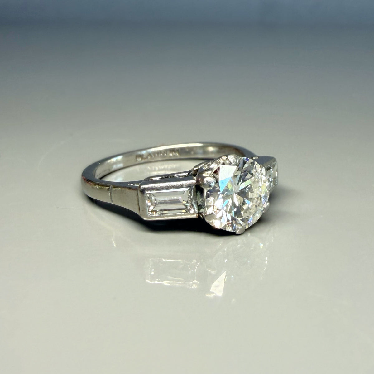 Vintage Solitaire Diamond Ring with Diamond Baguette Shoulders, 1.23ct tcw