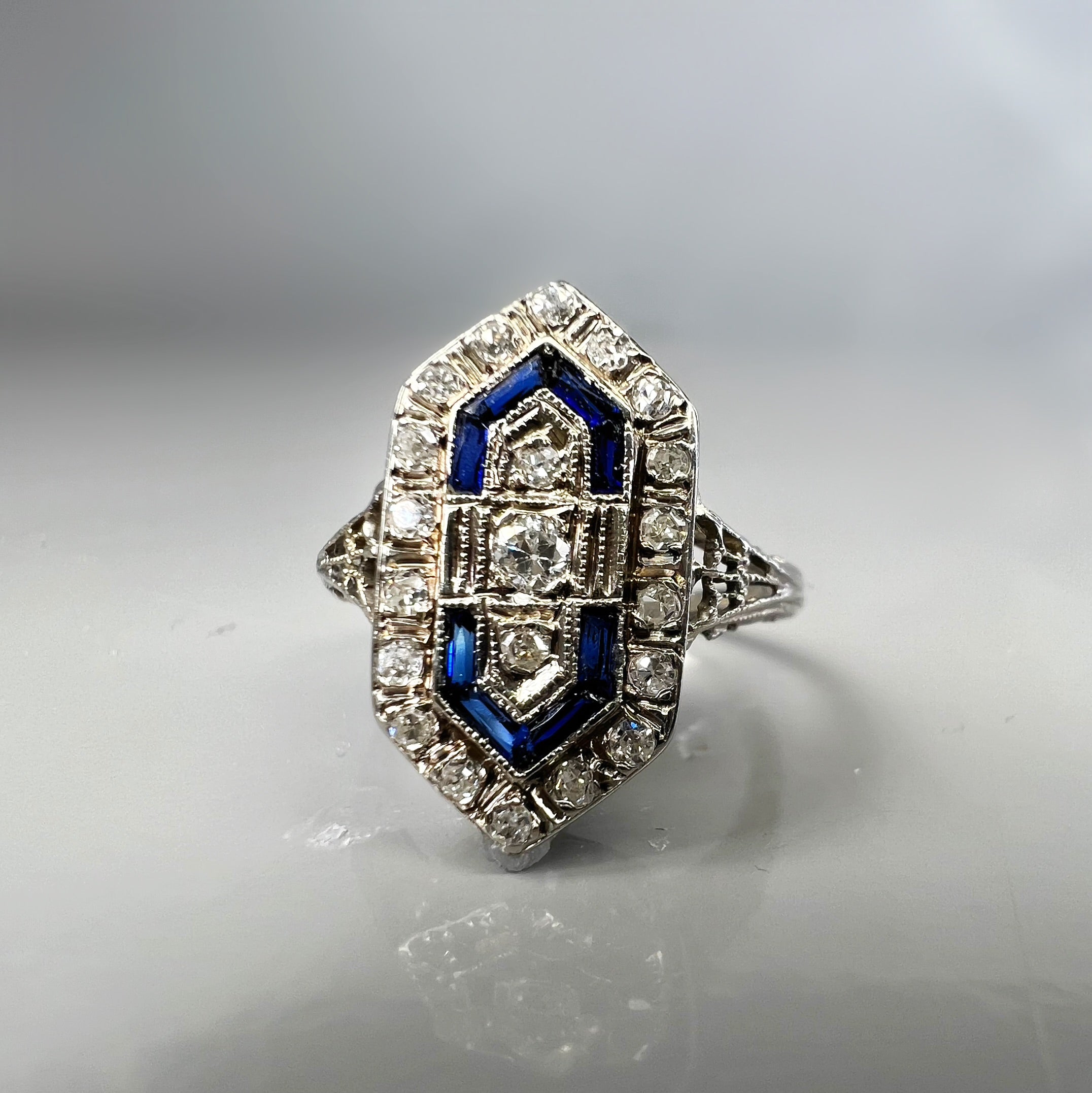 Antique Art Deco Sapphire and Diamond Panel Ring