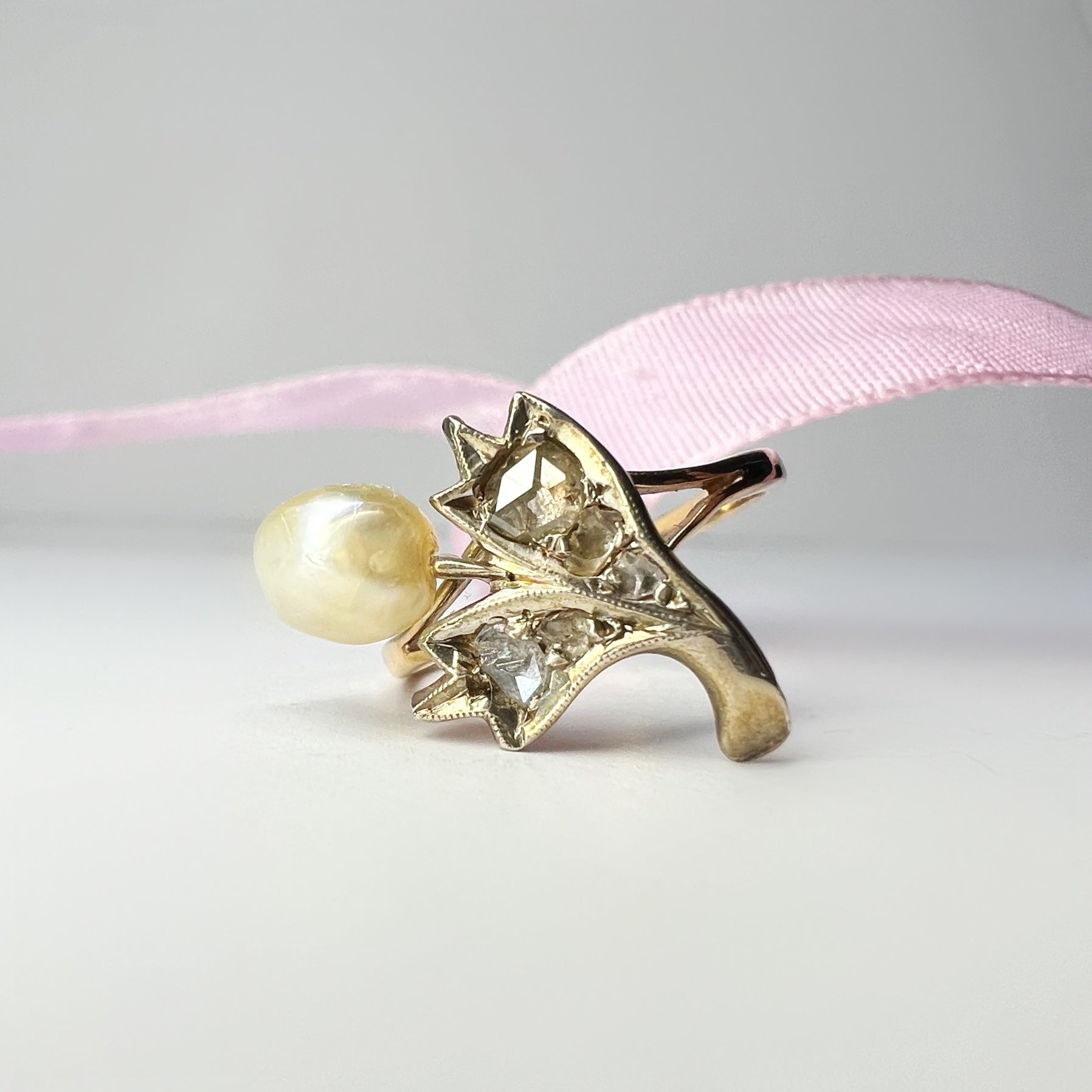 Vintage Pearl and Diamond Flower Ring