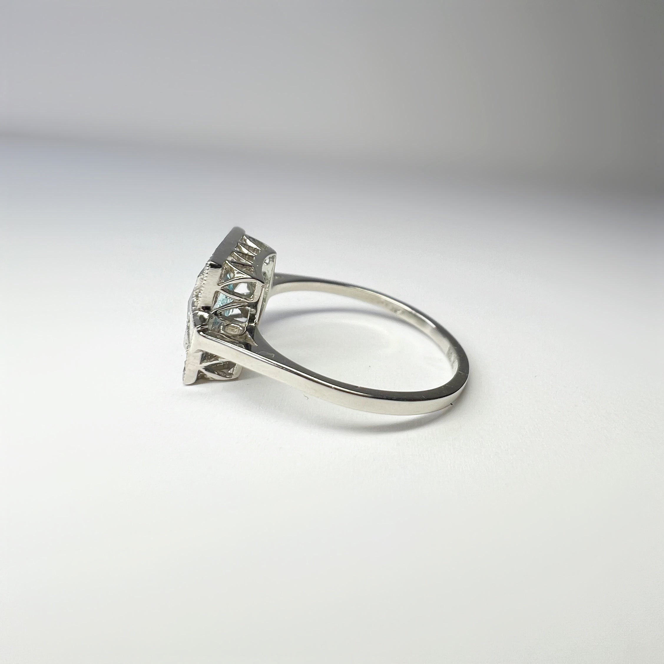Aquamarine and Diamond Square Cut Art Deco Style Ring