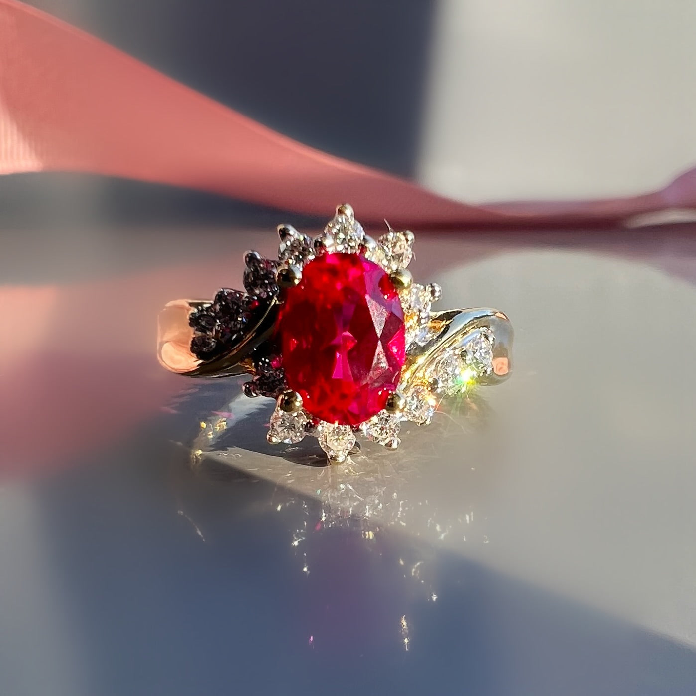 Ruby 0.75ct and Diamond Twist Cluster Ring
