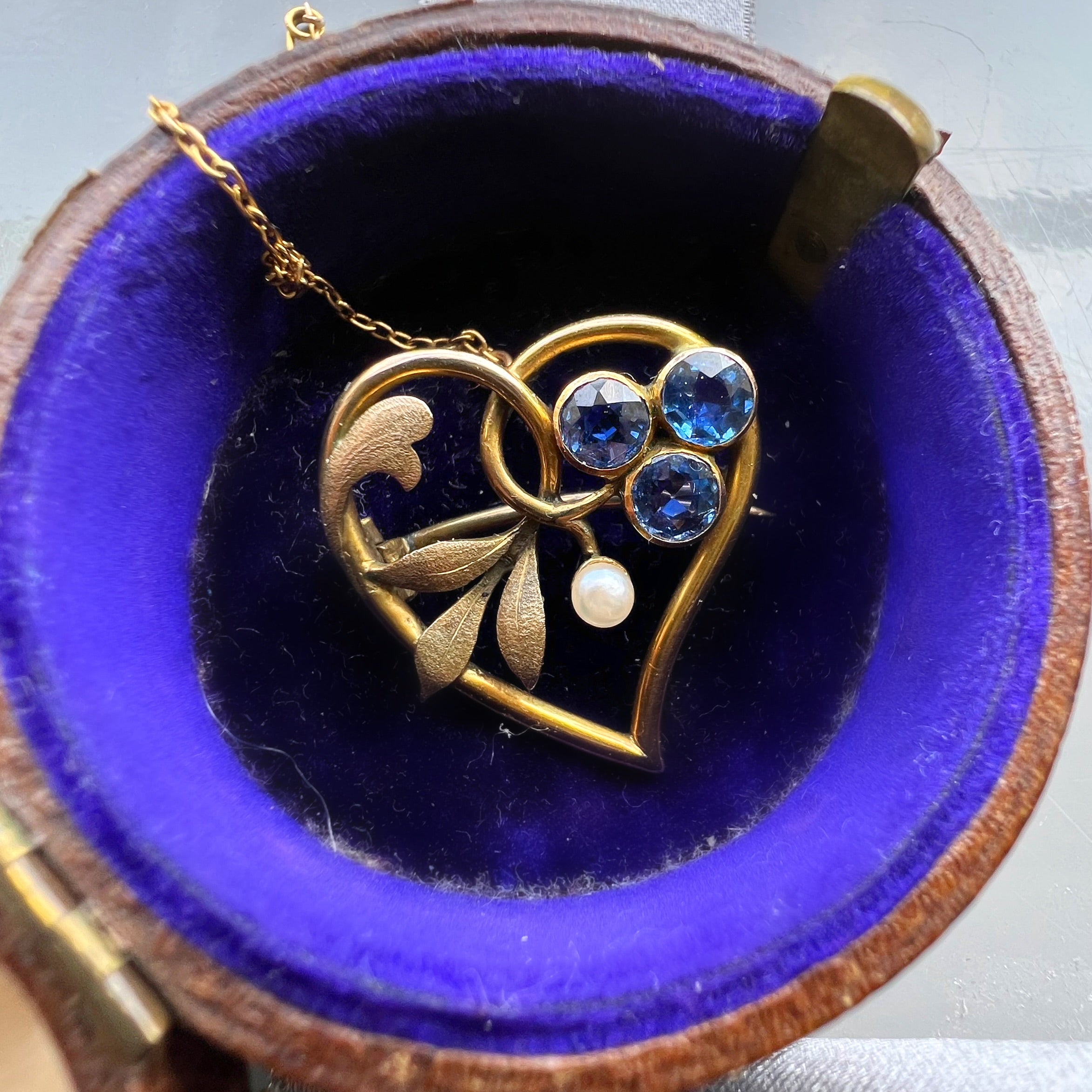 Antique Floral Heart Brooch / Pendant with Sapphires