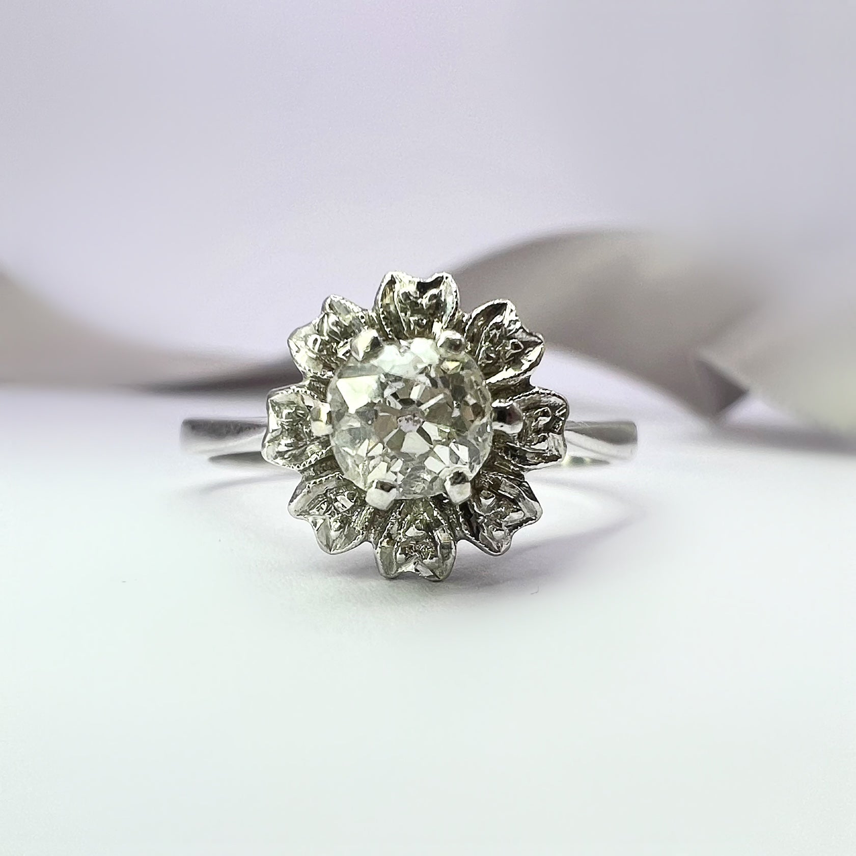Antique 0.60ct Old Cut Diamond Solitaire Flower Ring