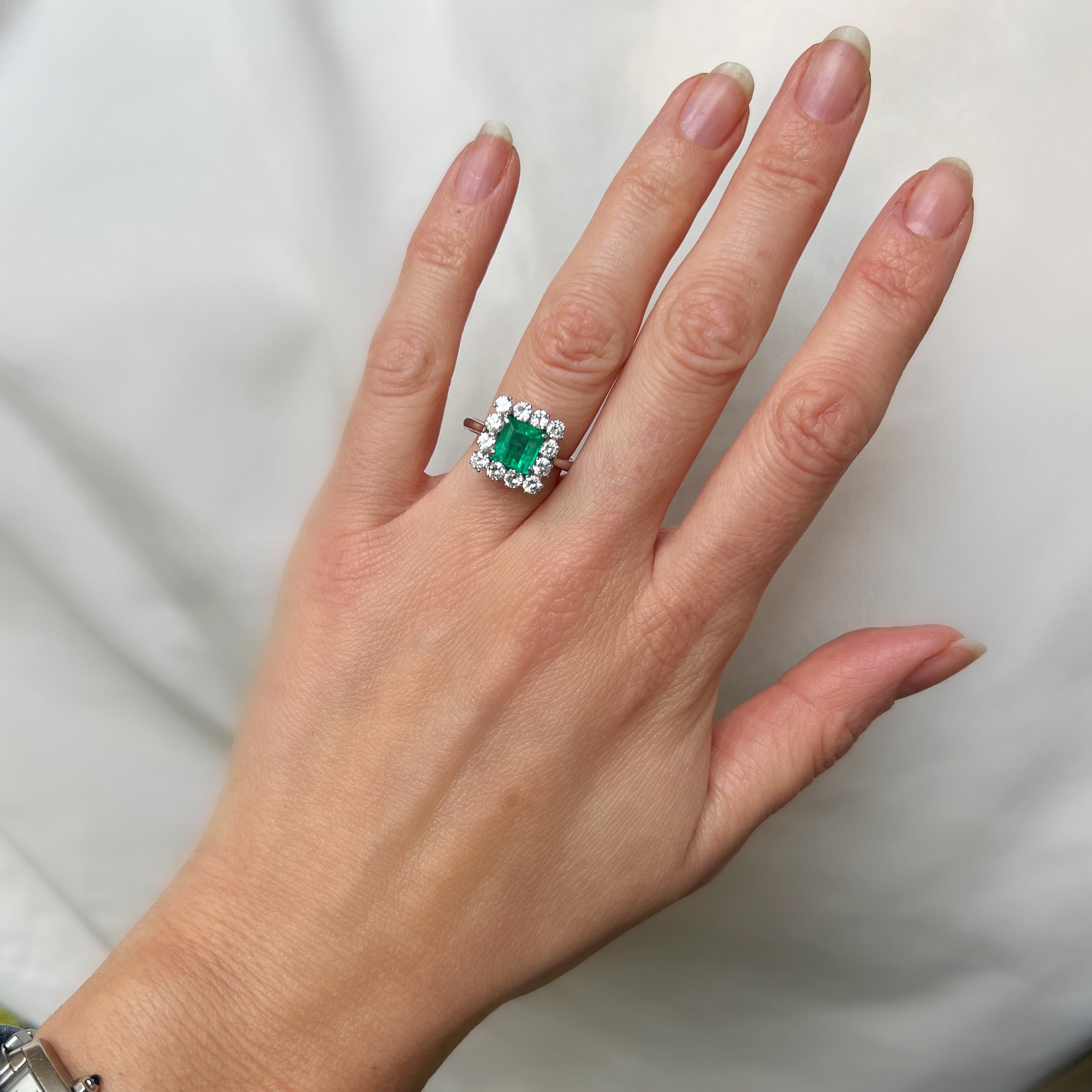 1.46ct Emerald and Diamond Square Cut Halo Ring